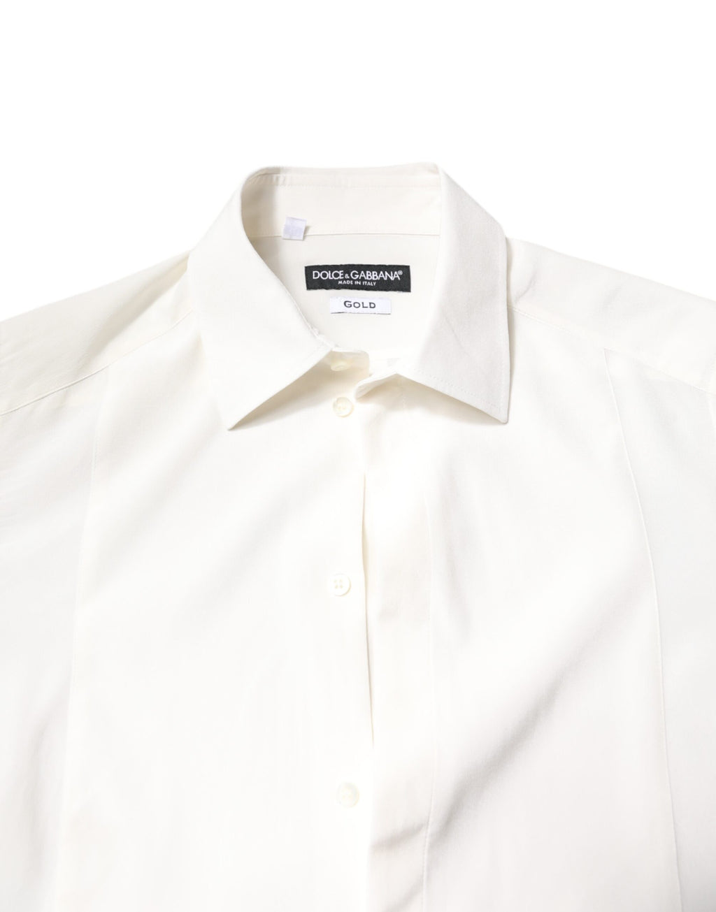 Chemise blanche en soie Dolce & Gabbana, robe formelle avec colorature dorée et détails élégants.