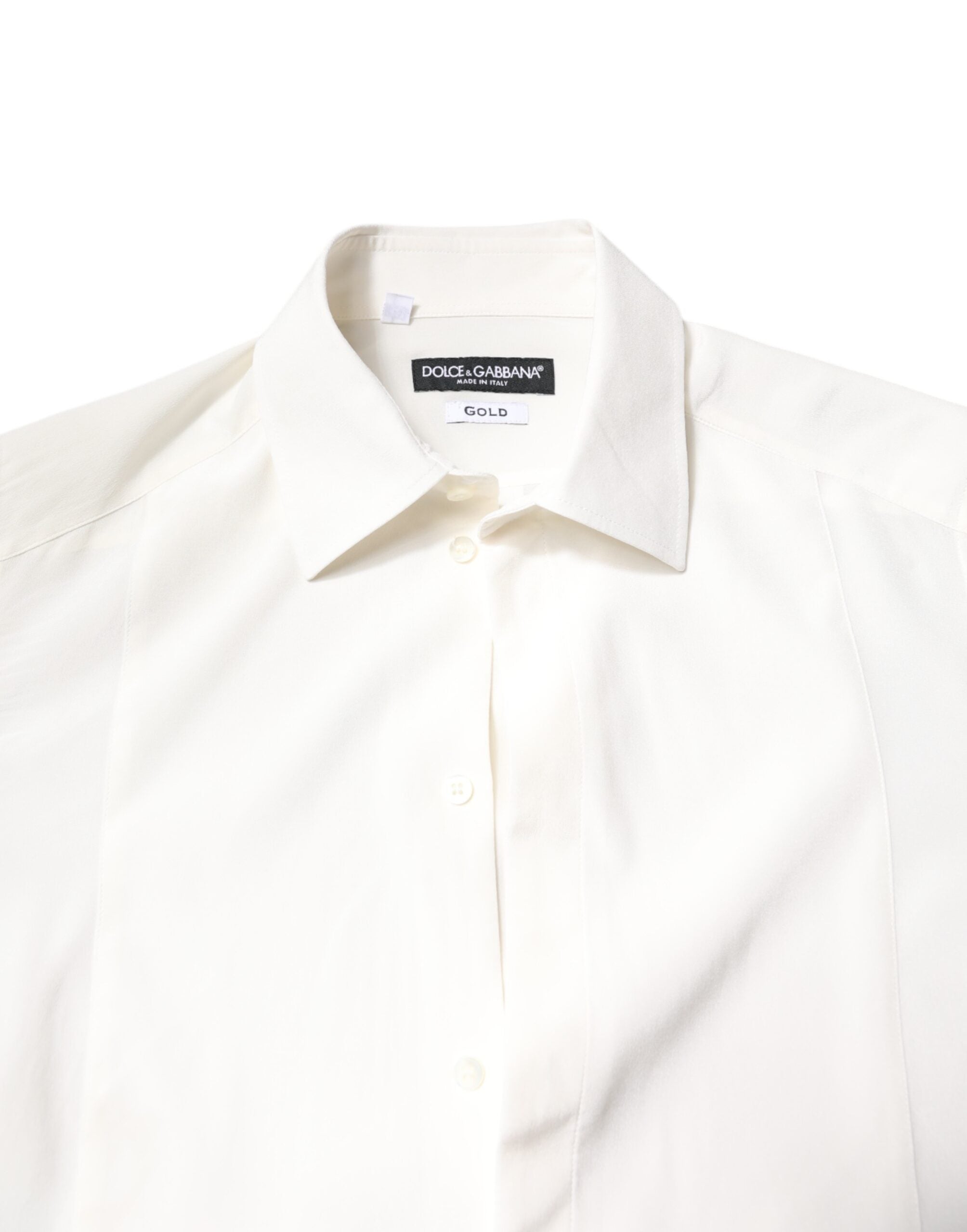 Chemise blanche en soie Dolce & Gabbana, robe formelle avec colorature dorée et détails élégants.