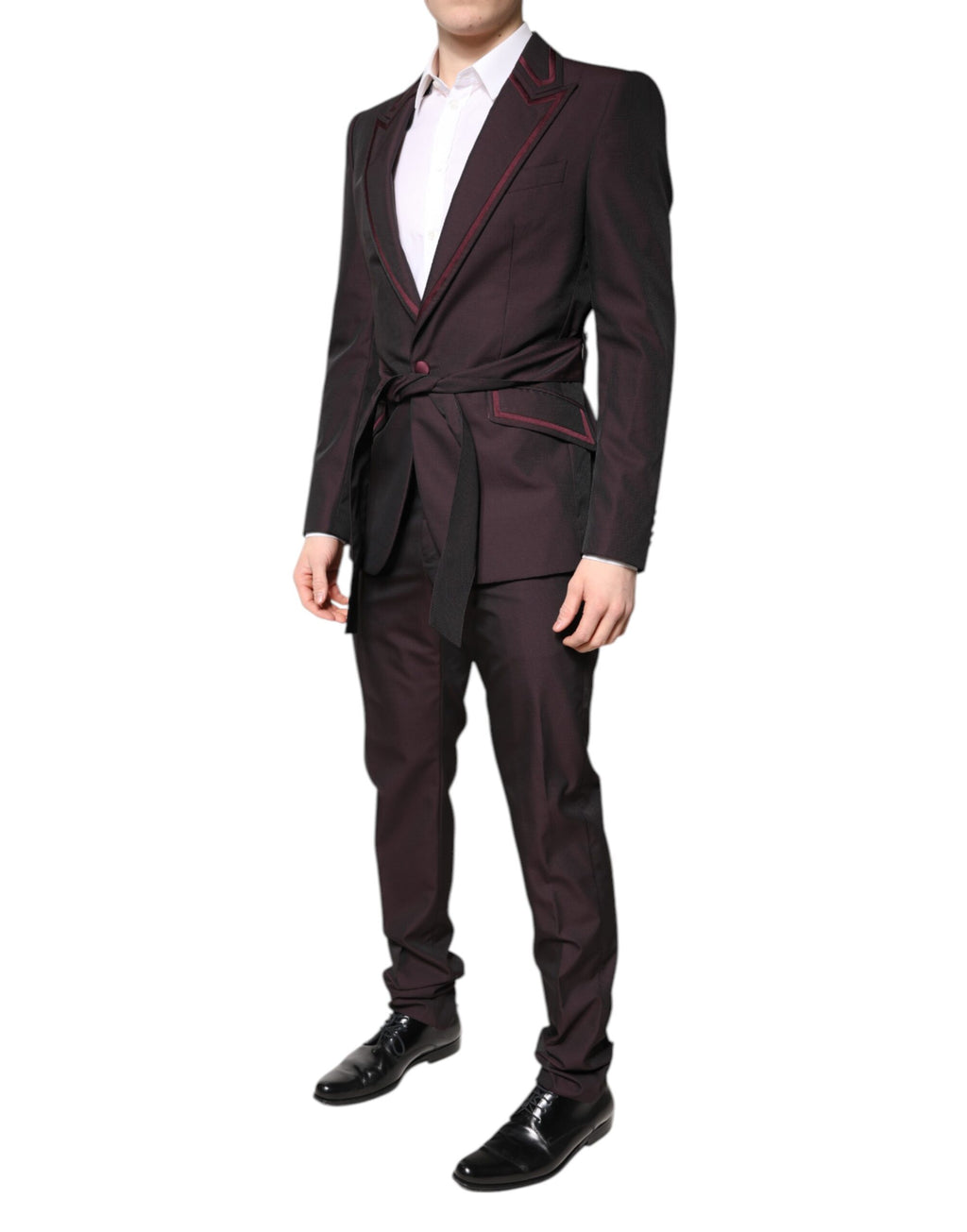 Costume formel deux pièces Dolce & Gabbana marron bordeaux à boutonnière simple, veste et pantalon élégants, vue de face.