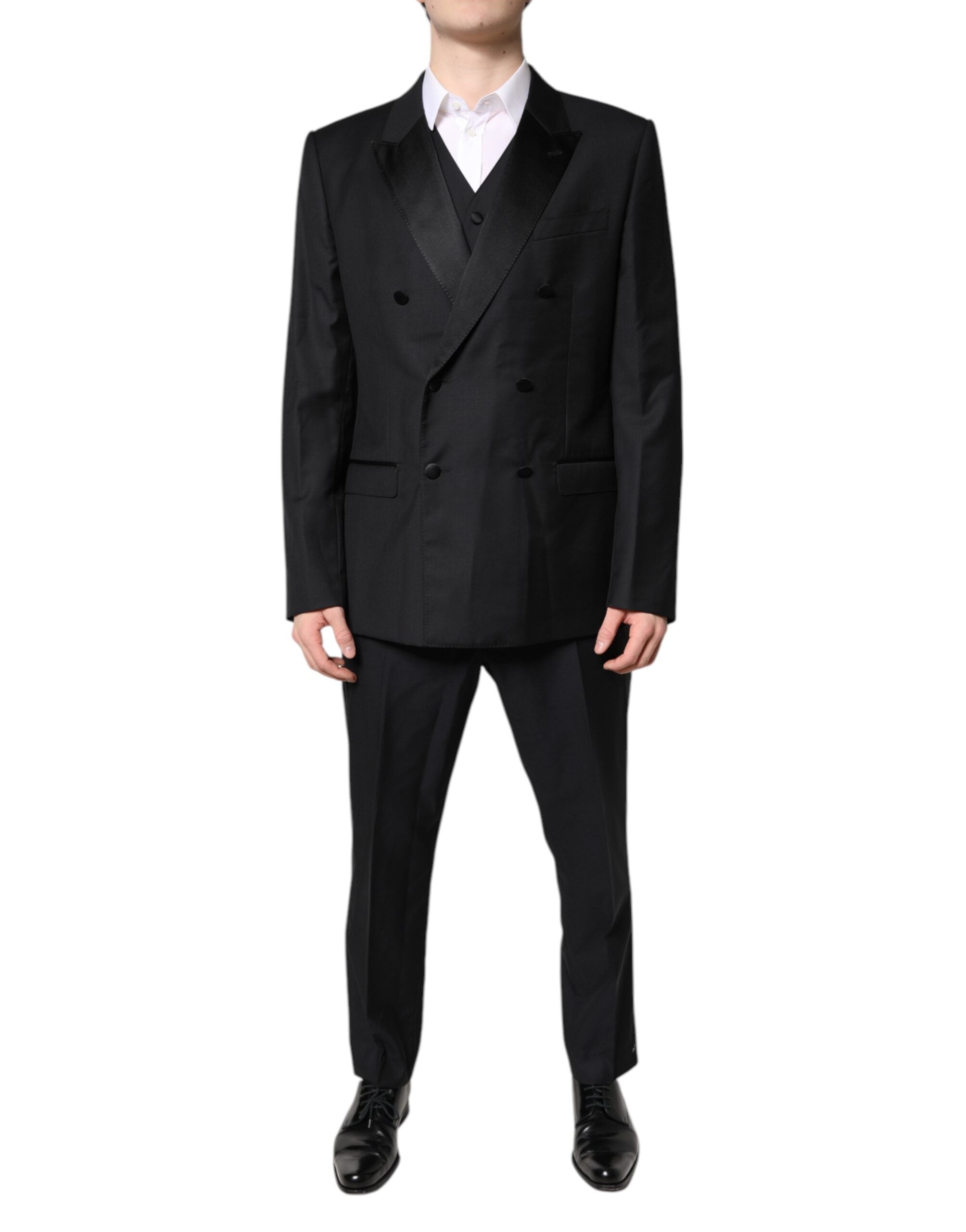 Costume formel trois pièces noir Dolce & Gabbana, veste à double boutonnage, pantalon et gilet élégants.