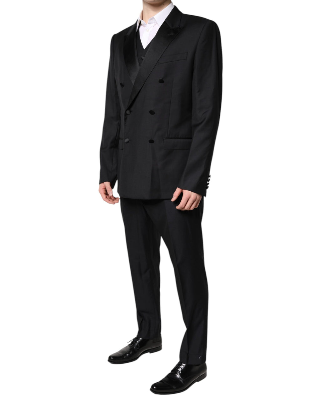 Costume formel noir à trois pièces Dolce & Gabbana avec double boutonnage, veste, pantalon et gilet élégants.