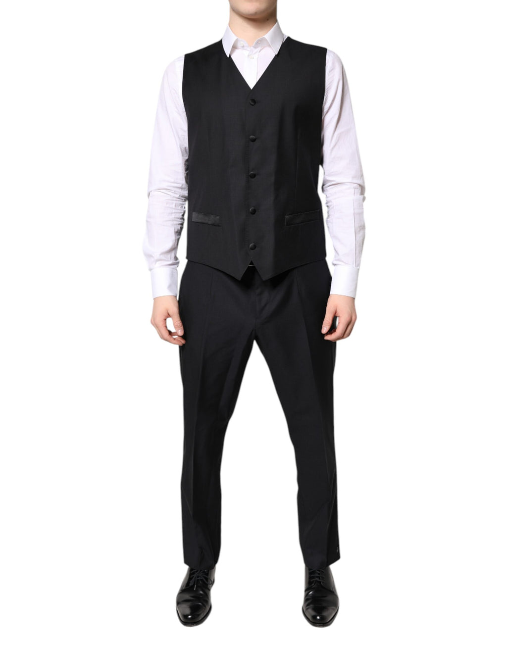 Costume formel noir à trois pièces Dolce & Gabbana, veste croisée double boutonnage et pantalon assorti.