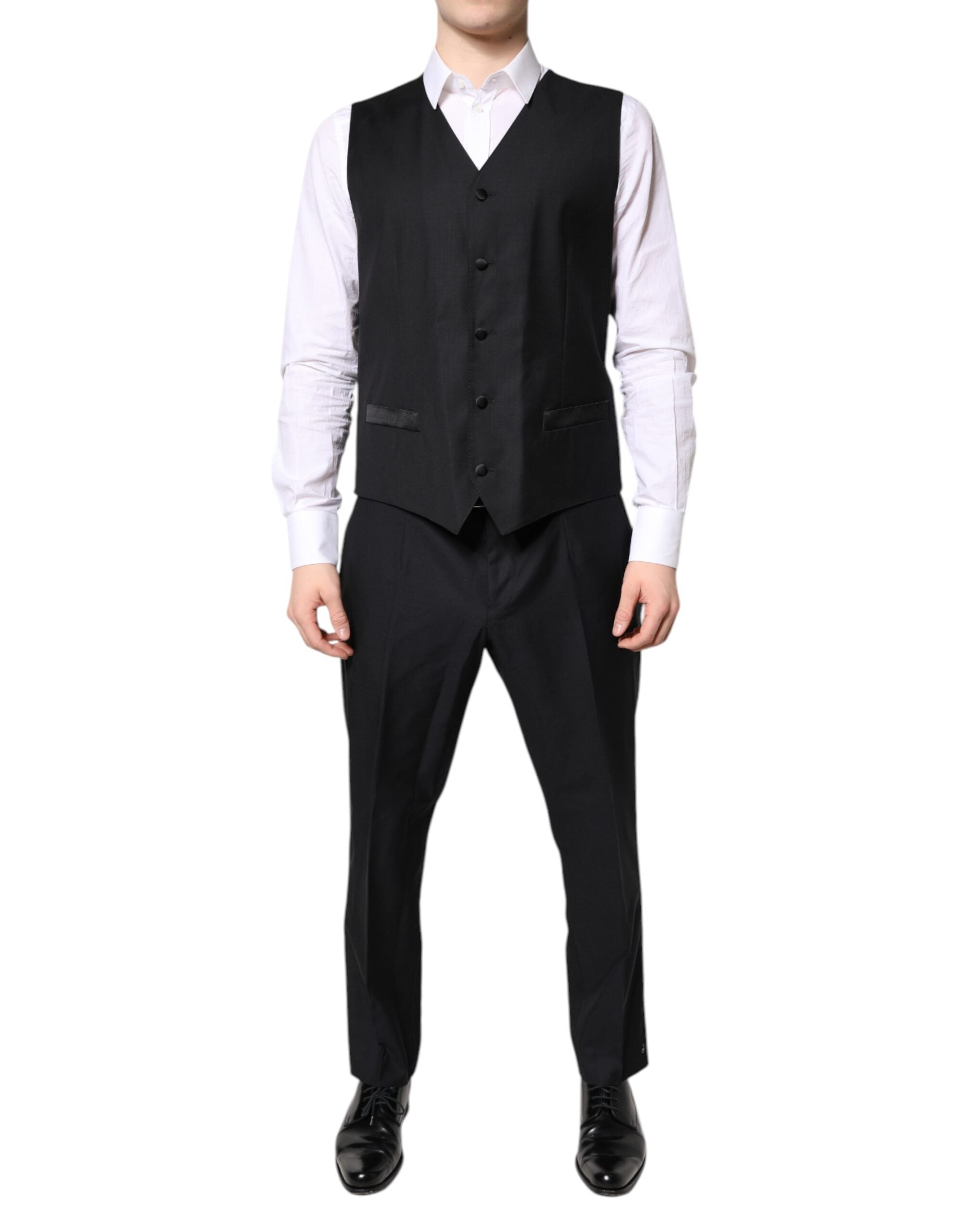Costume formel noir à trois pièces Dolce & Gabbana, veste croisée double boutonnage et pantalon assorti.