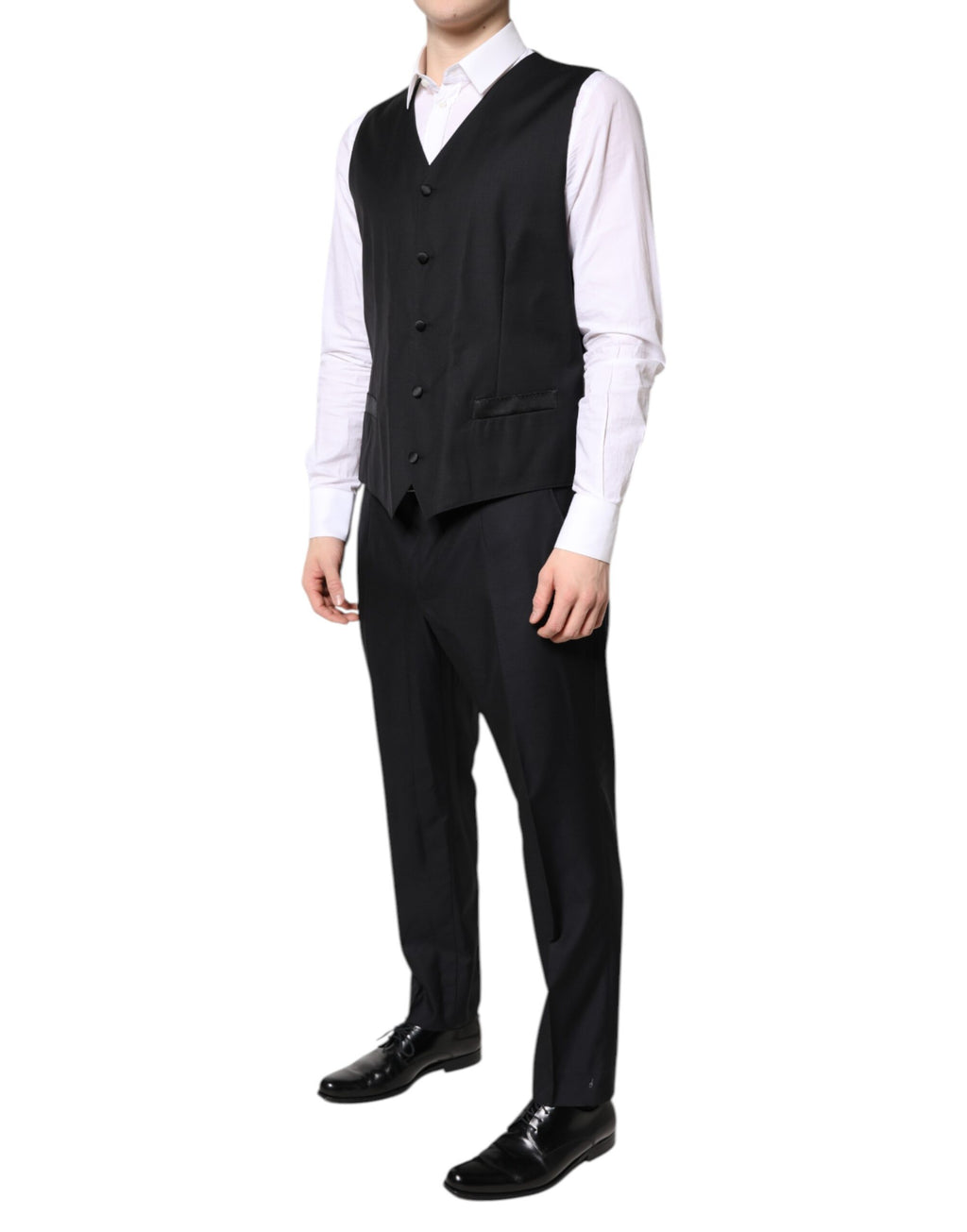 Costume formel trois pièces noir Dolce & Gabbana à double boutonnage, veste, pantalon et gilet élégants.