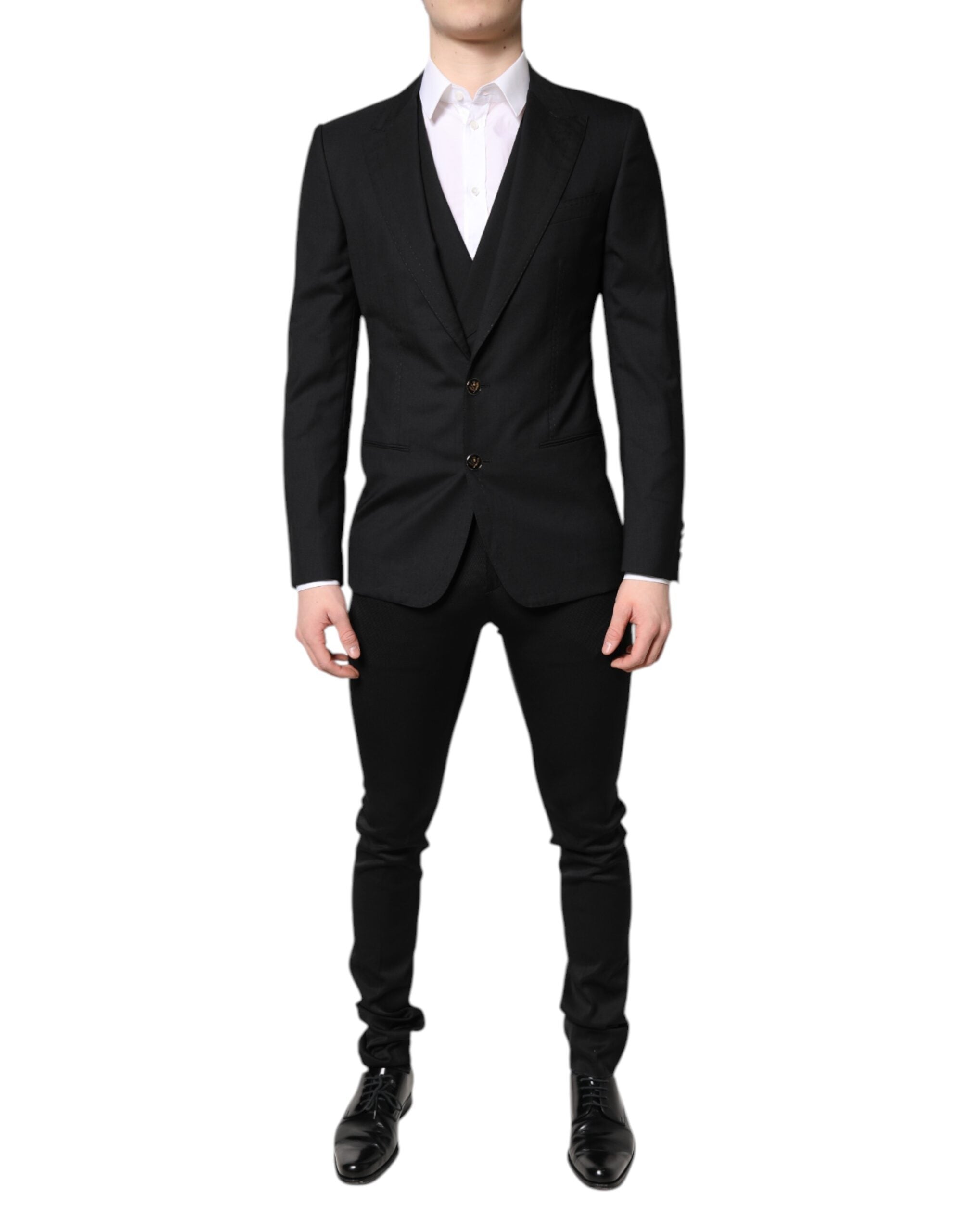 Blazer noir à un seul bouton Dolce & Gabbana avec gilet assorti, style formel et élégant pour homme.