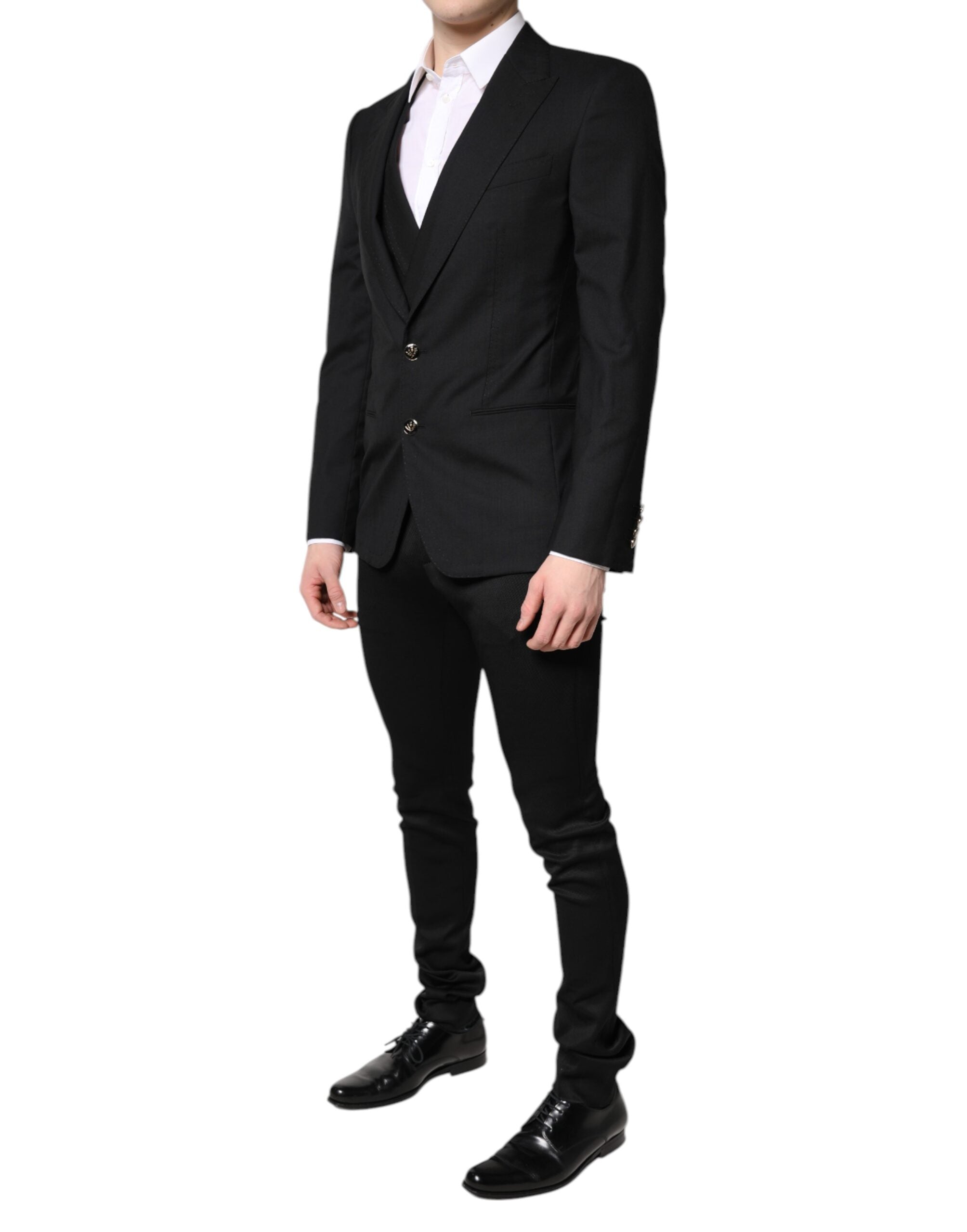 Veste formelle noire à un bouton Dolce & Gabbana avec gilet assorti, style élégant et sophistiqué.
