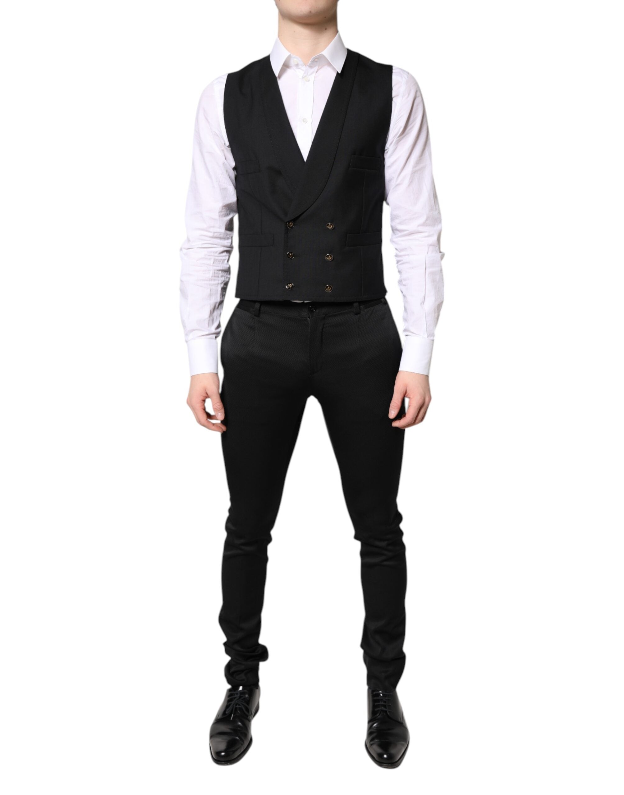 Veste noire Dolce & Gabbana à un bouton pour homme, blazer formel avec gilet assorti, élégance et style sophistiqué.