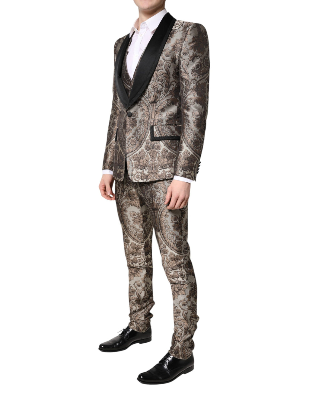 Costume trois pièces Dolce & Gabbana en jacquard multicolore avec veste à un bouton, pantalon et gilet élégants.