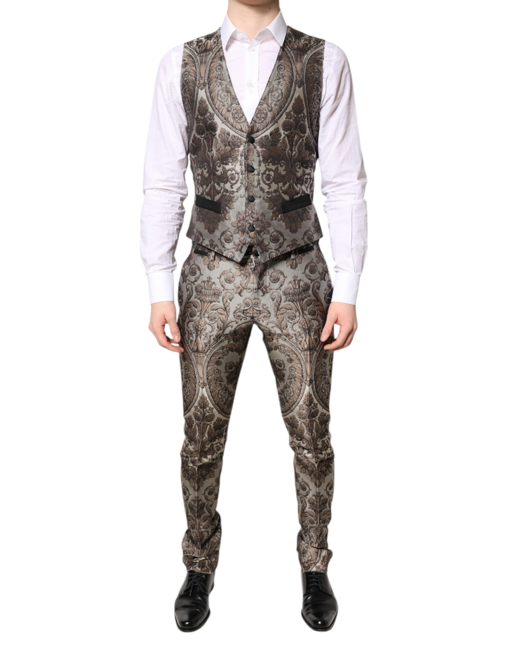 Costume trois pièces Dolce & Gabbana en jacquard multicolore, veste à boutons simple boutonnage, pantalon et gilet assortis.