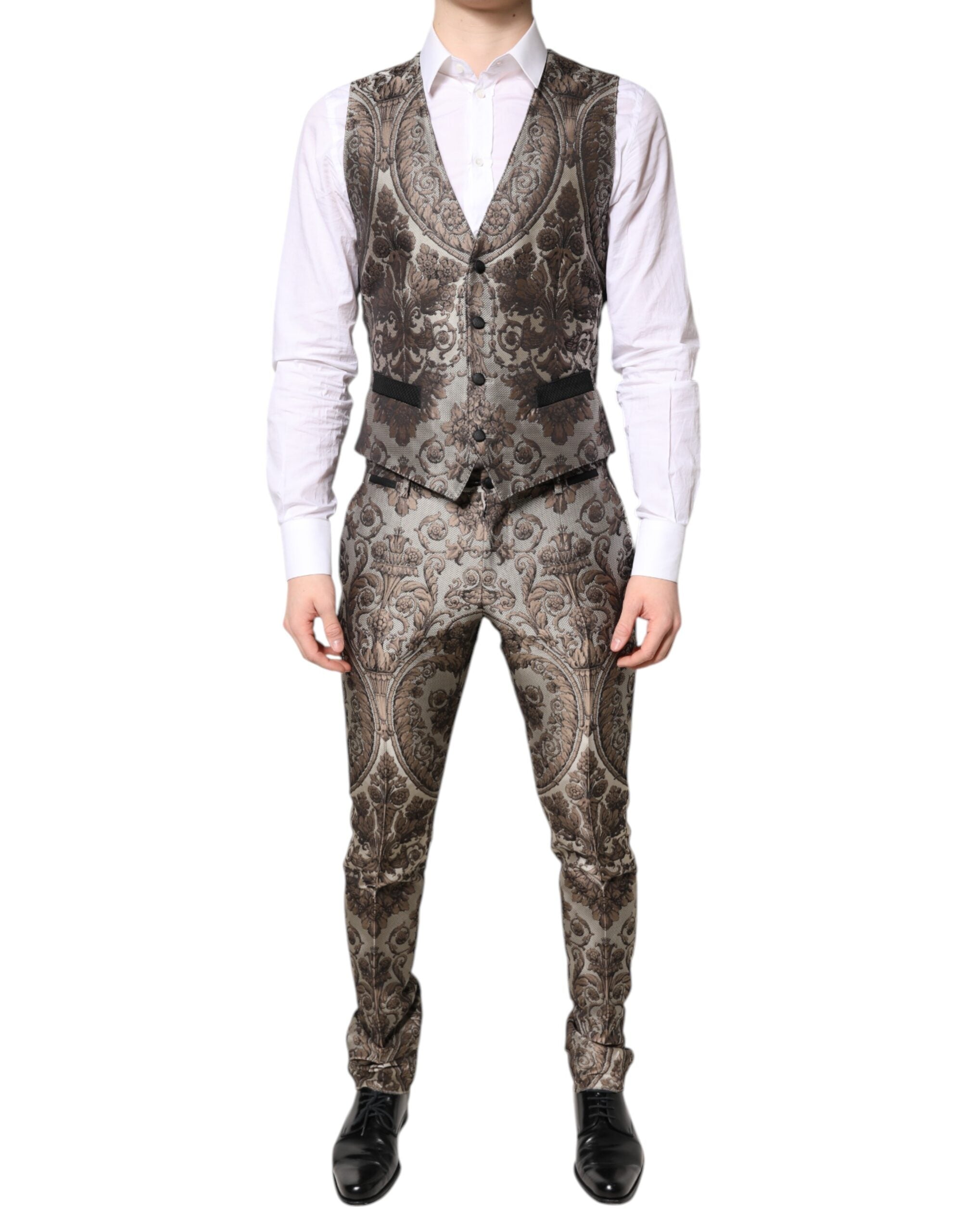 Costume trois pièces Dolce & Gabbana en jacquard multicolore, veste à boutons simple boutonnage, pantalon et gilet assortis.