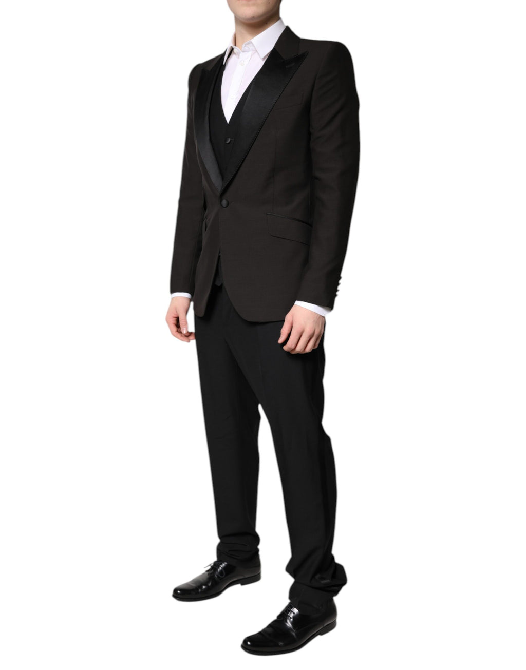 Costume formel trois pièces noir Dolce & Gabbana à revers à un bouton, complet avec veste, pantalon et gilet.