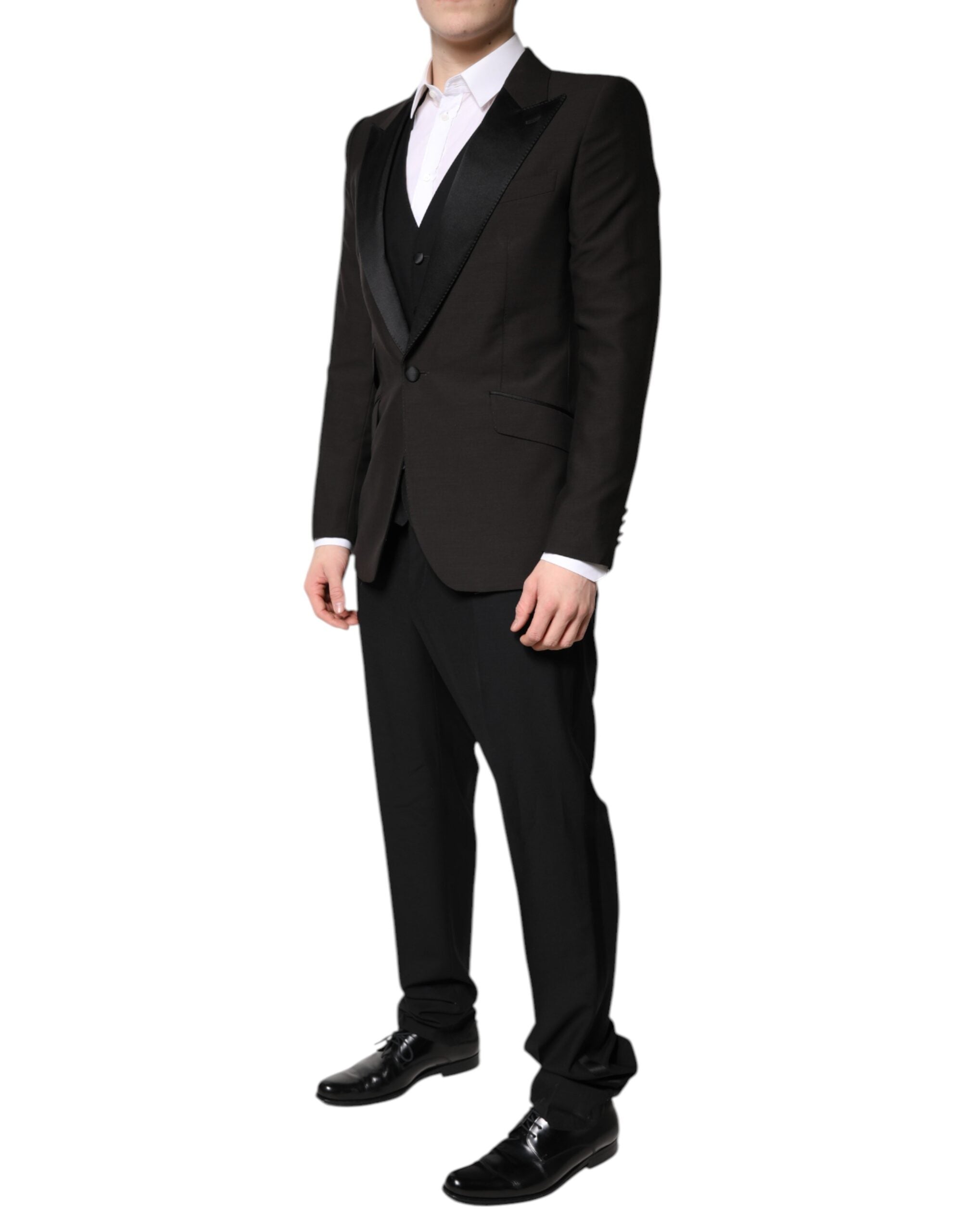 Costume formel trois pièces noir Dolce & Gabbana à revers à un bouton, complet avec veste, pantalon et gilet.