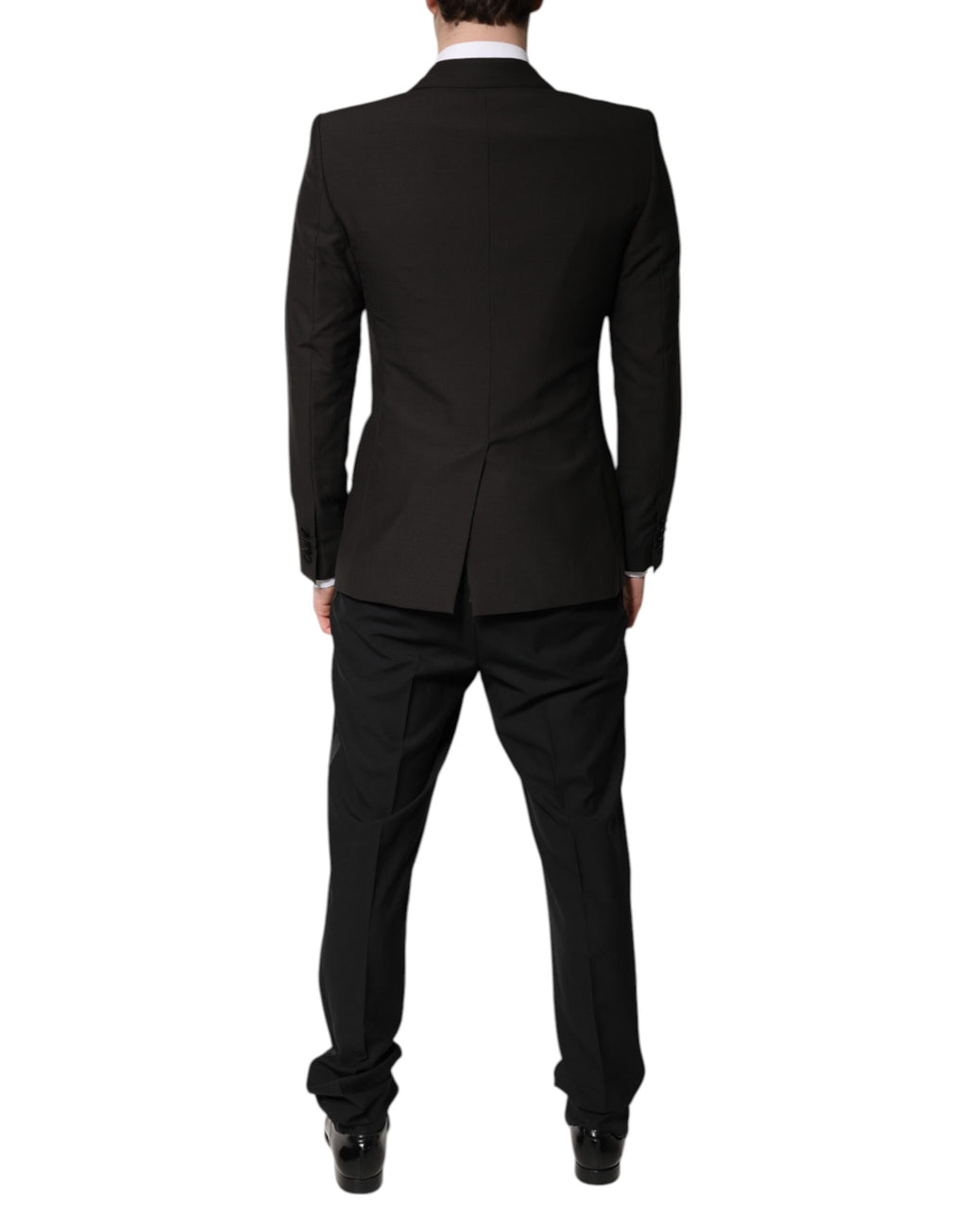 Costume formel trois pièces Dolce & Gabbana noir, veste croisée à boutonnière simple, pantalon et gilet assortis.