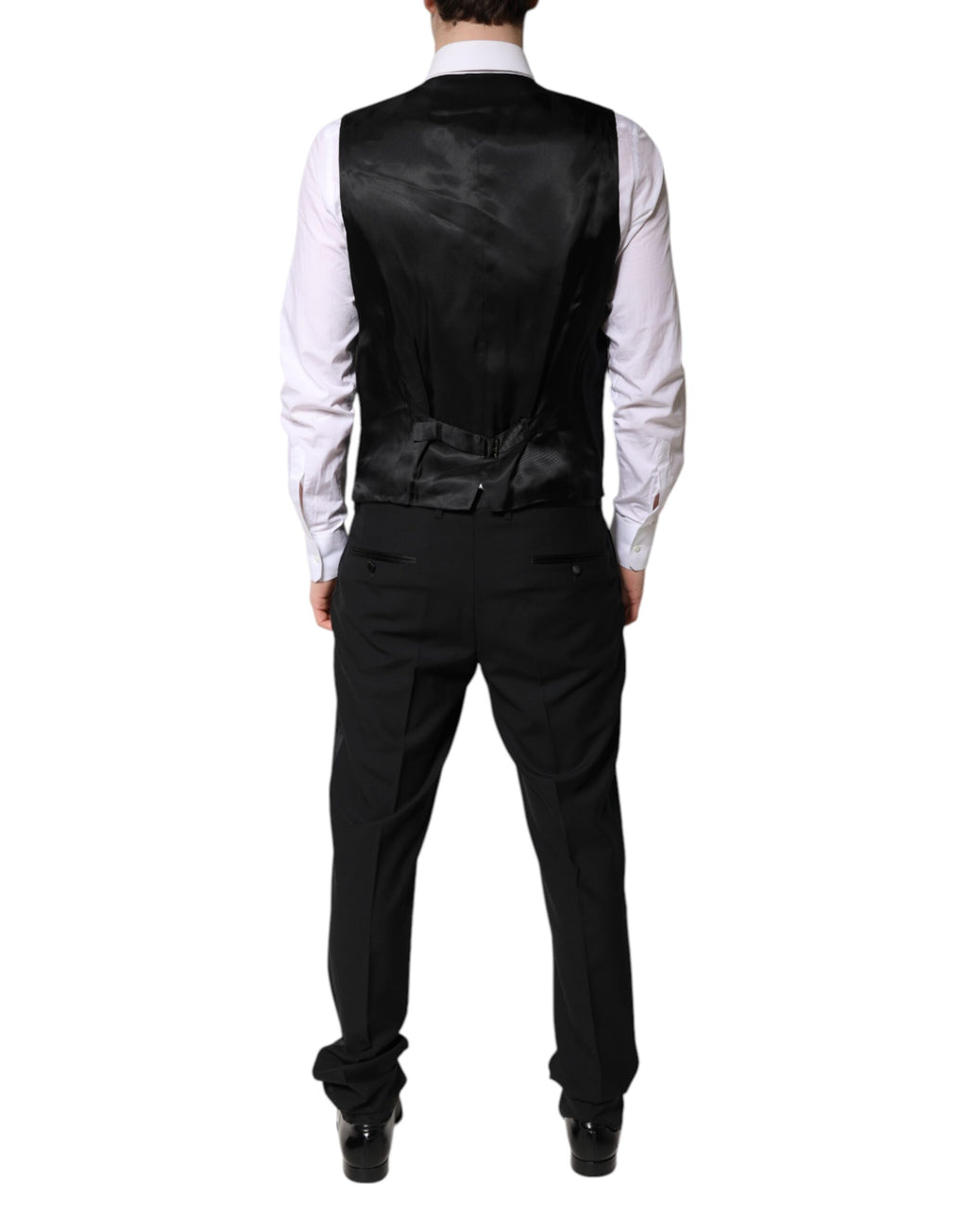 Costume noir à trois pièces Dolce & Gabbana, veston à un bouton, pantalon et veste élégants pour occasions formelles.