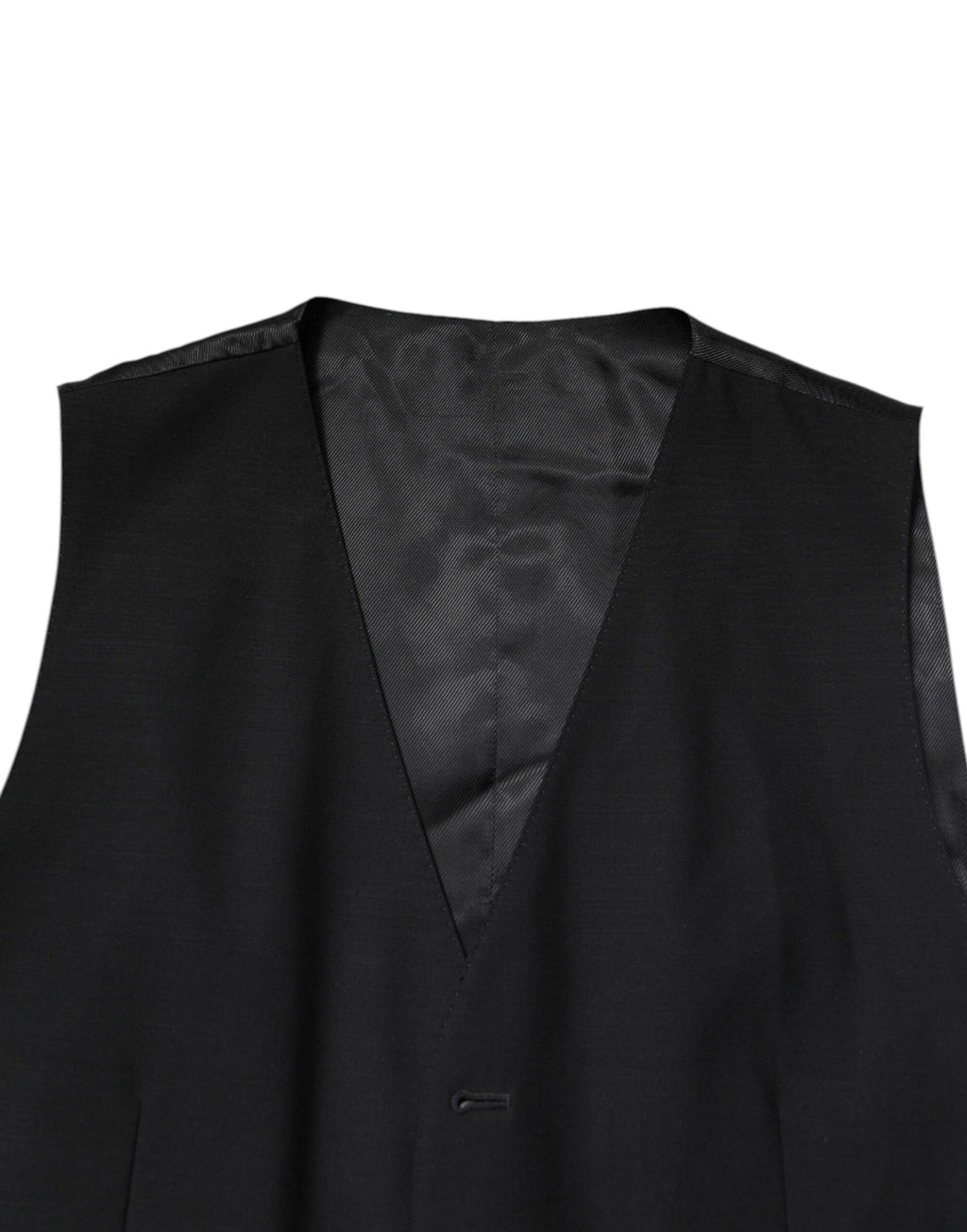 Costume formel noir Dolce & Gabbana à trois pièces, veste croisée simple boutonnage, pantalon et gilet élégants.