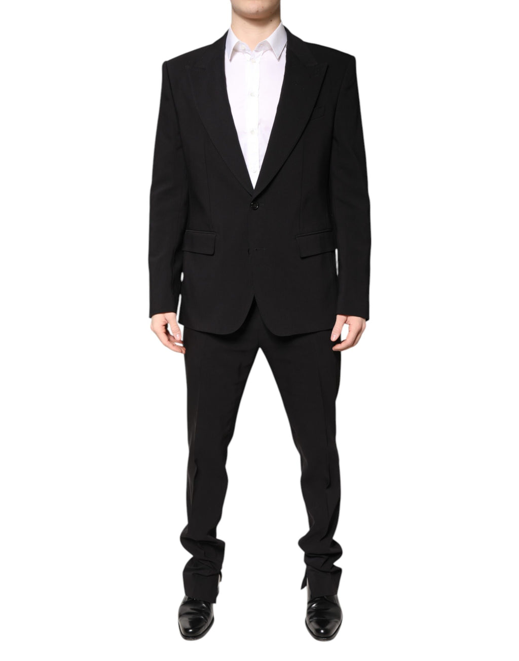 Costume deux pièces en coton noir Dolce & Gabbana, veste à double boutonnage et pantalon assorti, élégant et sophistiqué.