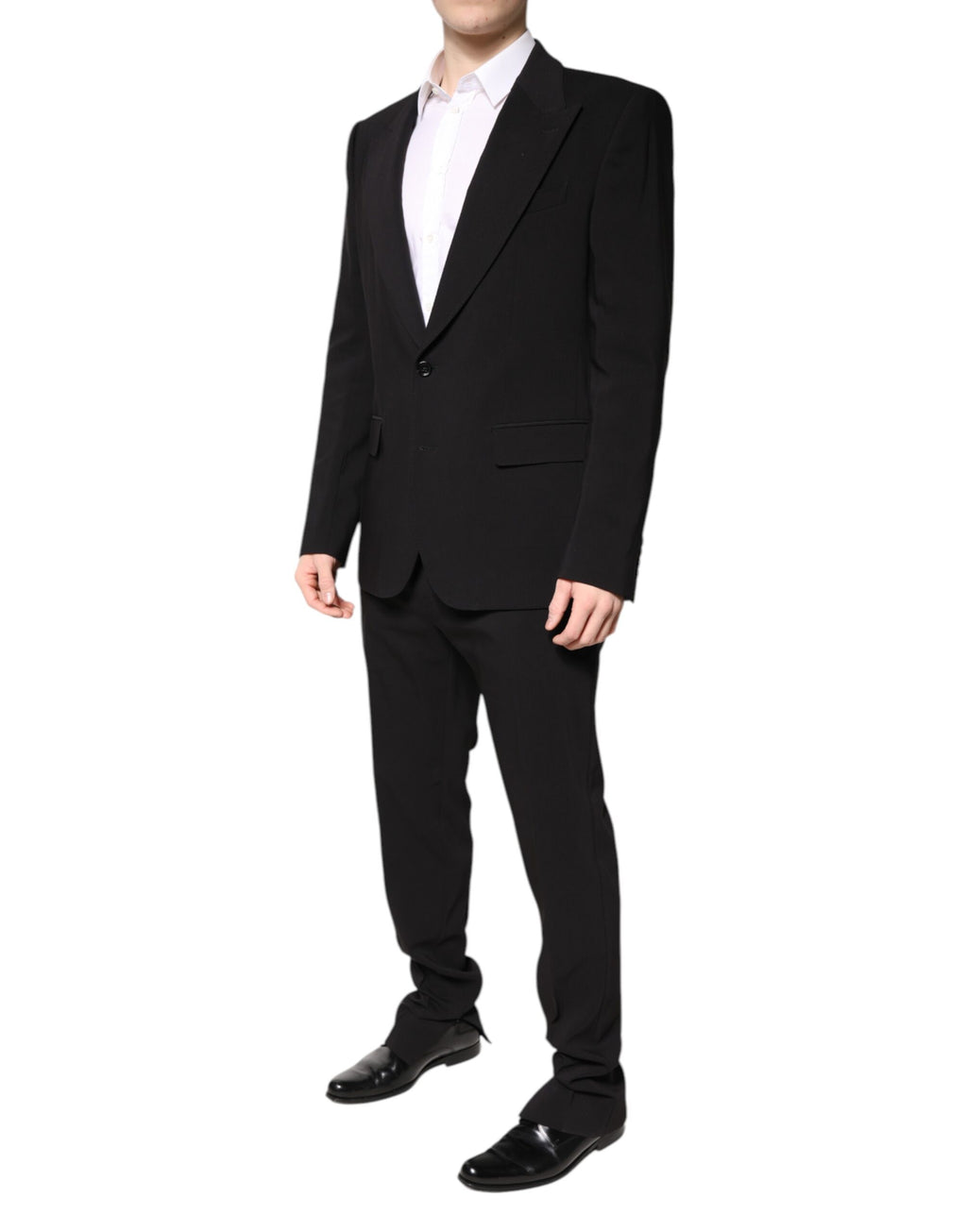 Costume homme Dolce & Gabbana en coton noir à deux pièces, veste croisée simple, style élégant et moderne.