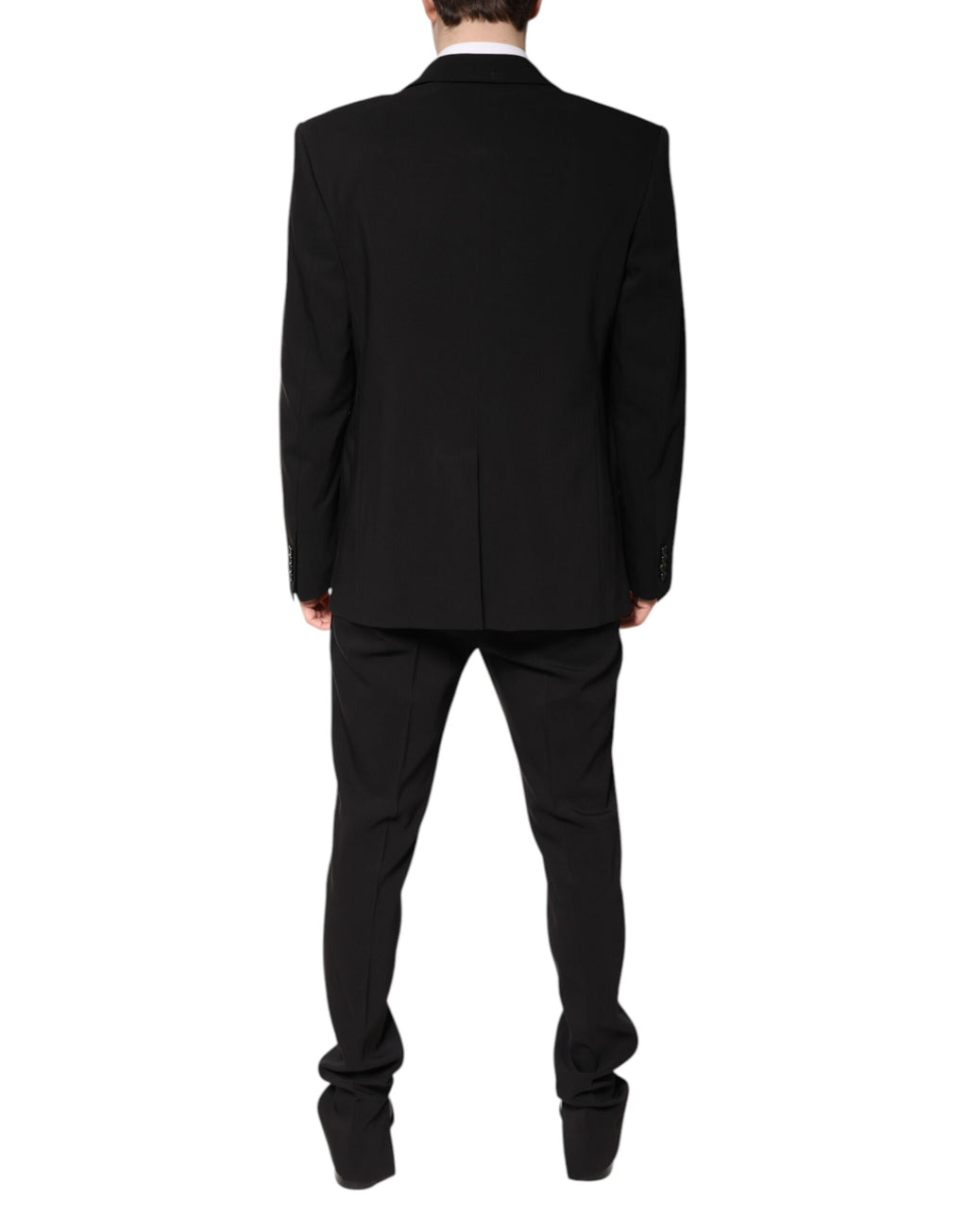 Costume deux pièces en coton noir Dolce & Gabbana, veste à un bouton et pantalon assorti, élégance masculine.