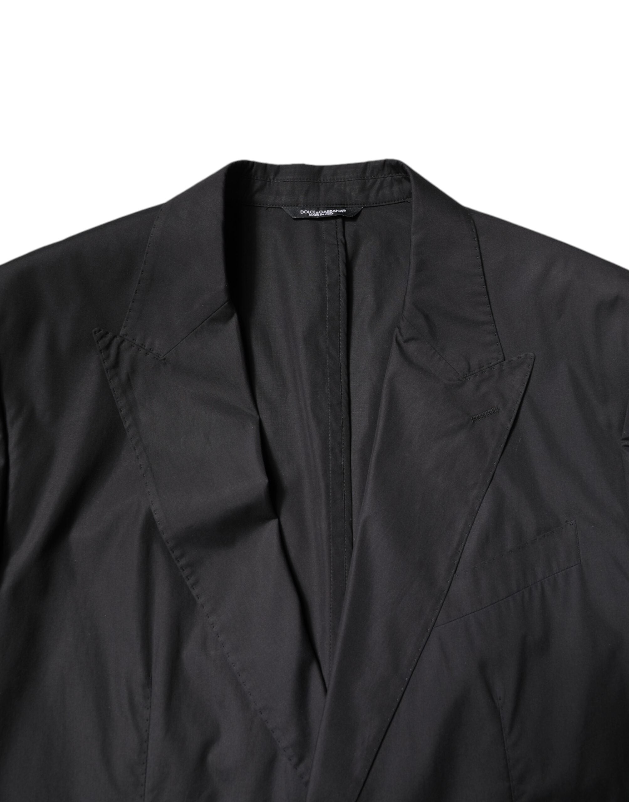 Costume homme Dolce & Gabbana en coton noir à deux pièces, veste croisée et pantalon, style élégant et sophistiqué.