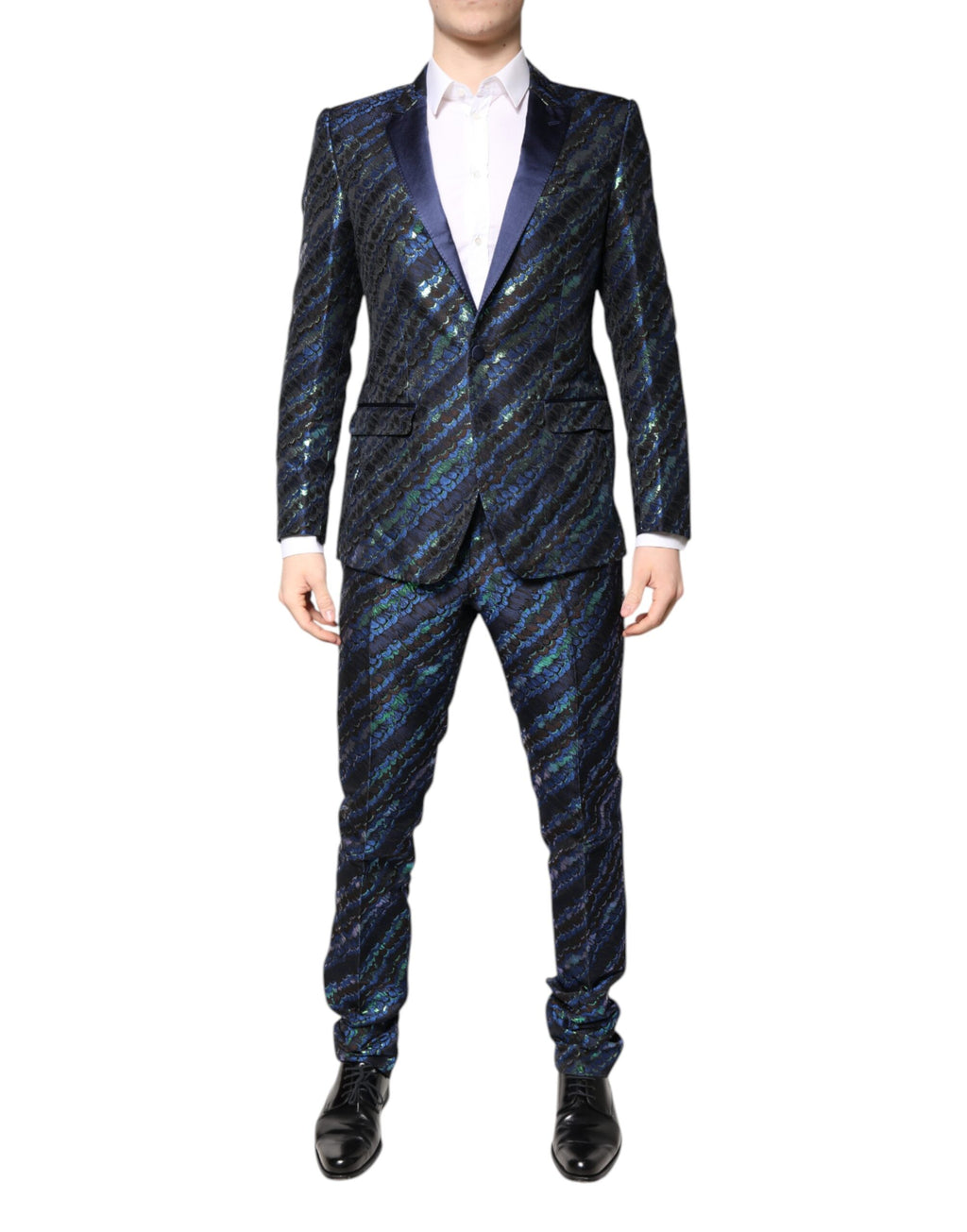 Costume deux pièces en polyester jacquard multicolore de Dolce & Gabbana, veste et pantalon élégants avec motifs sophistiqués.