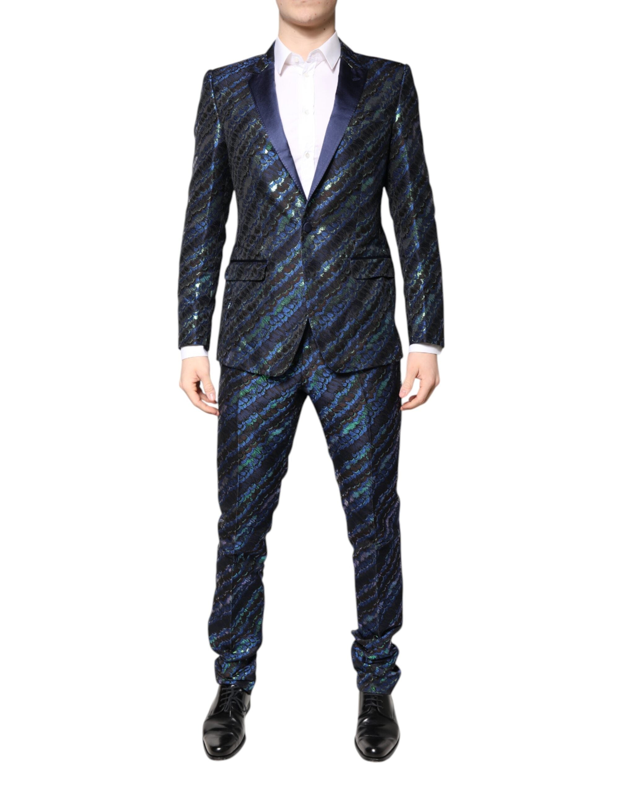 Costume deux pièces en polyester jacquard multicolore de Dolce & Gabbana, veste et pantalon élégants avec motifs sophistiqués.