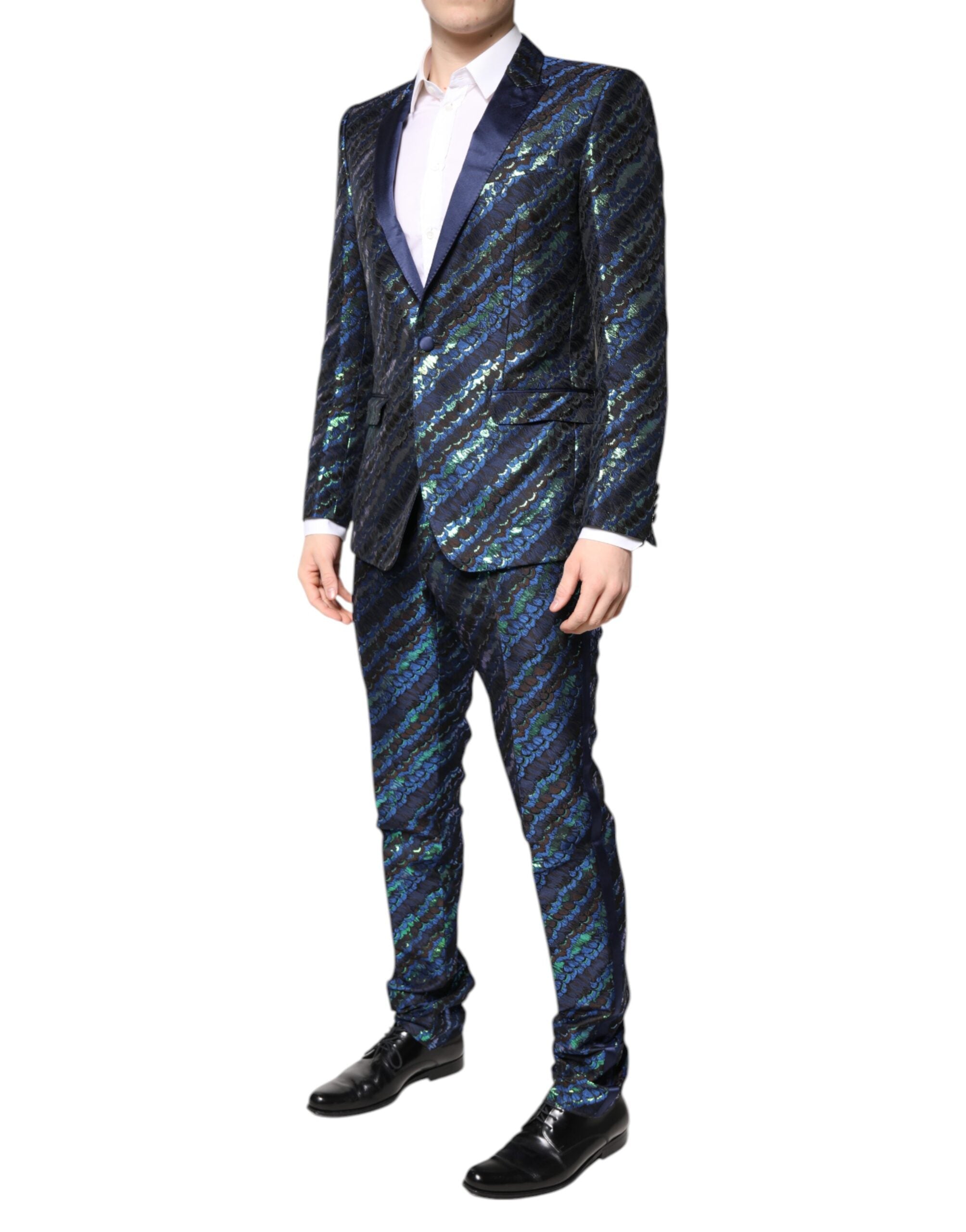 Costume deux pièces en polyester jacquard multicolore Dolce & Gabbana, veste et pantalon élégants avec motifs sophistiqués.