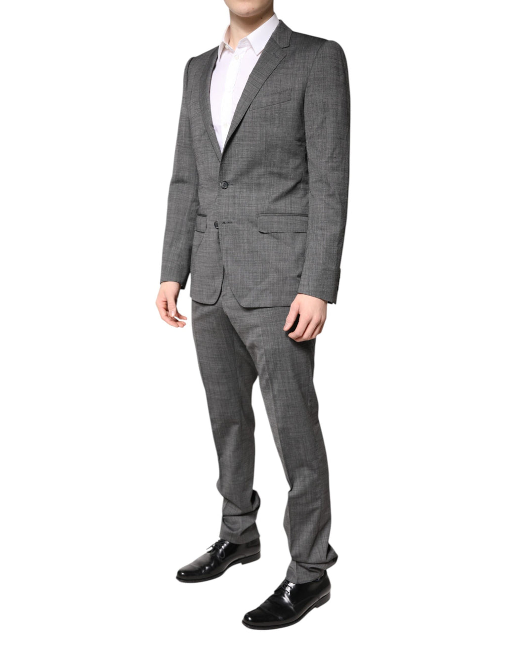 Costume gris en laine Dolce & Gabbana, costume deux pièces à boutonnière simple, veste et pantalon élégants pour homme.