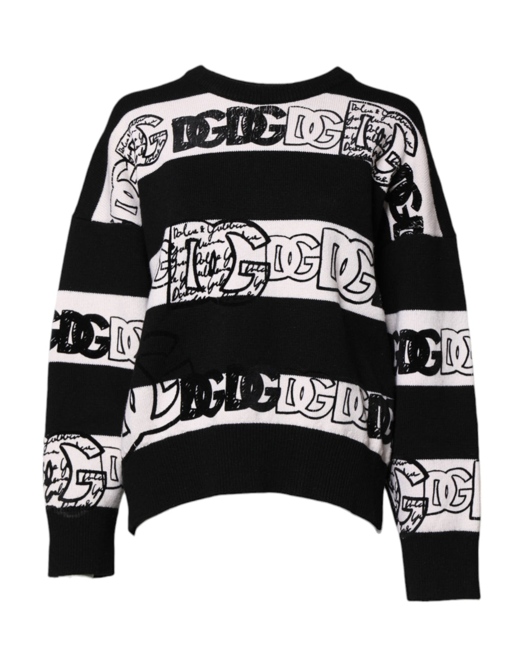 Pull à col rond Dolce & Gabbana en laine noire et blanche avec logo imprimé, style élégant et confortable.
