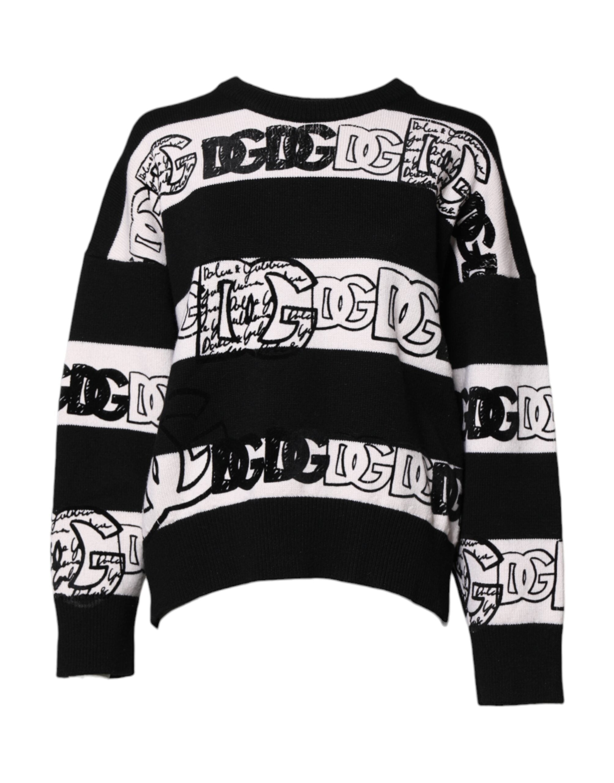 Pull noir et blanc en laine Dolce & Gabbana avec logo imprimé, col rond et style élégant.