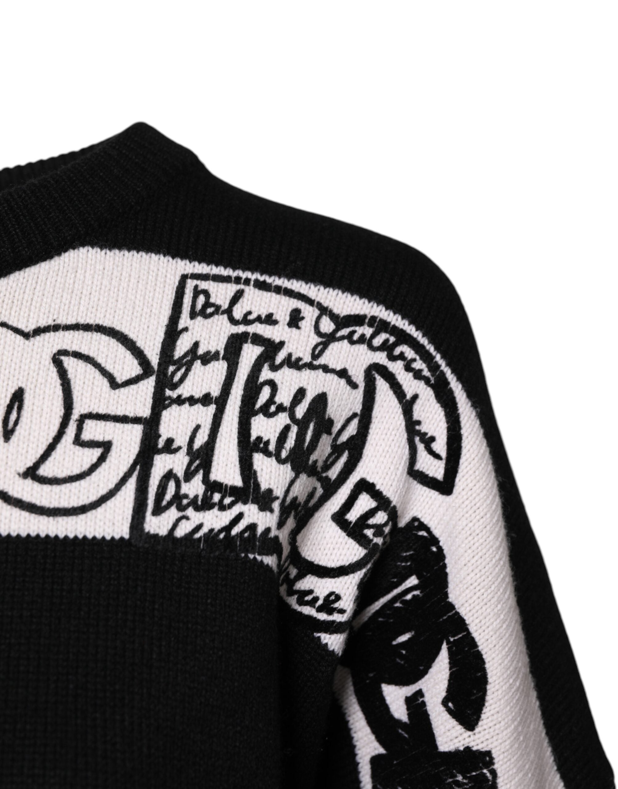 Pull en laine noir et blanc Dolce & Gabbana avec logo imprimé, style élégant et confortable.