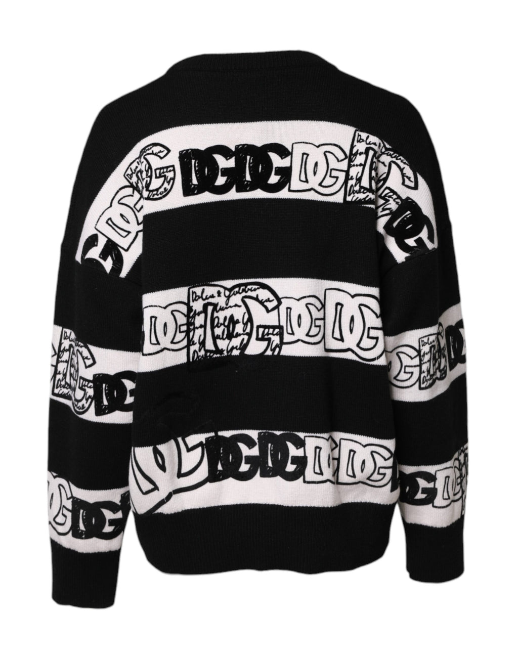 Pull à manches longues Dolce & Gabbana en laine noire et blanche avec logo imprimé, style élégant et décontracté.