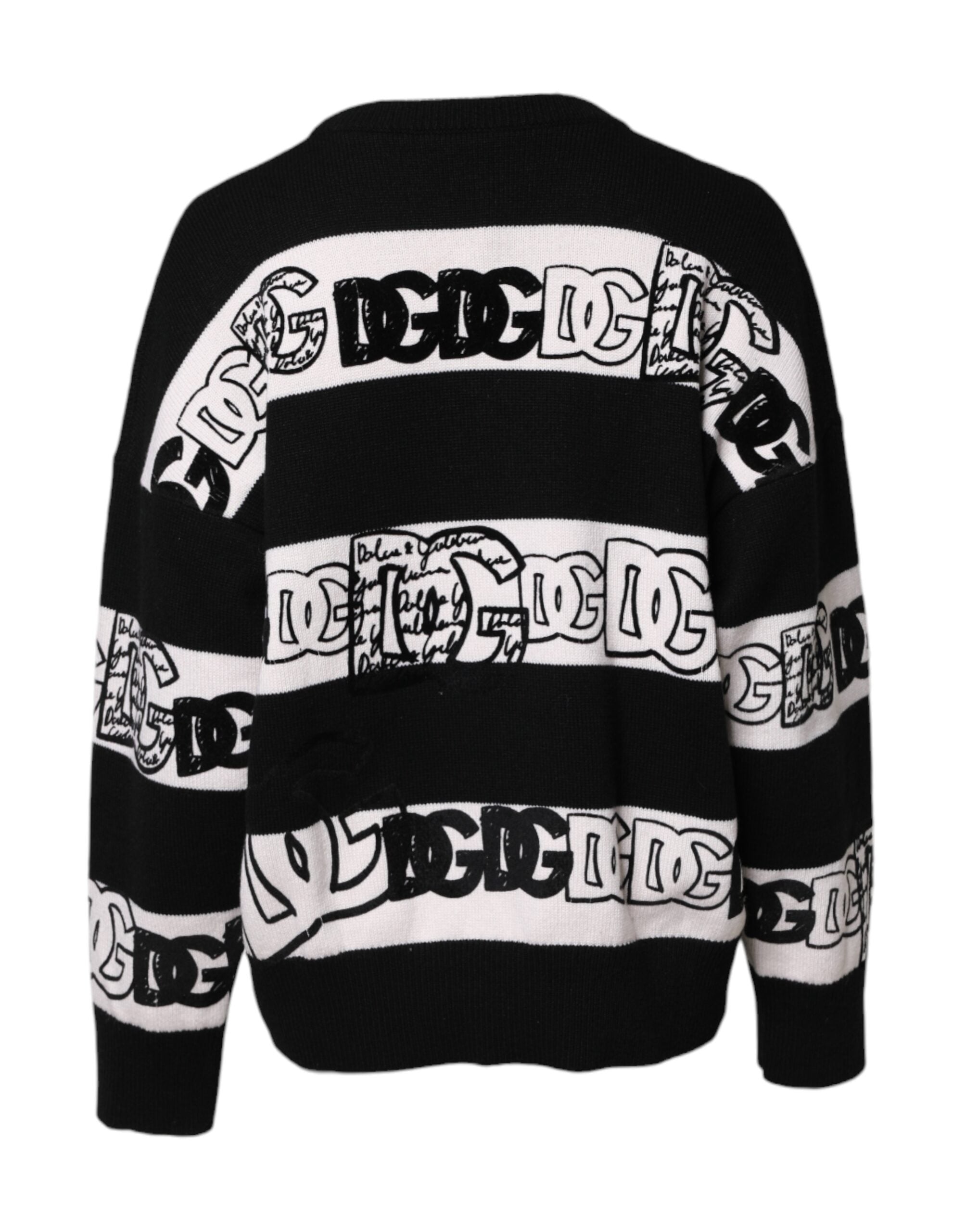 Pull à manches longues Dolce & Gabbana en laine noire et blanche avec logo imprimé, style élégant et décontracté.