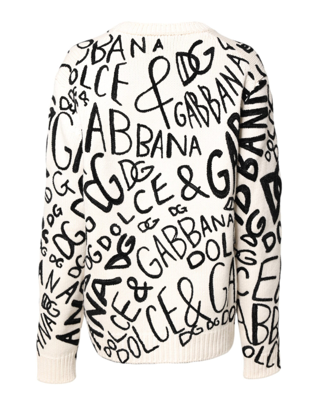Pull à manches longues Dolce & Gabbana blanc et noir avec logo imprimé pour femme, vue de face.