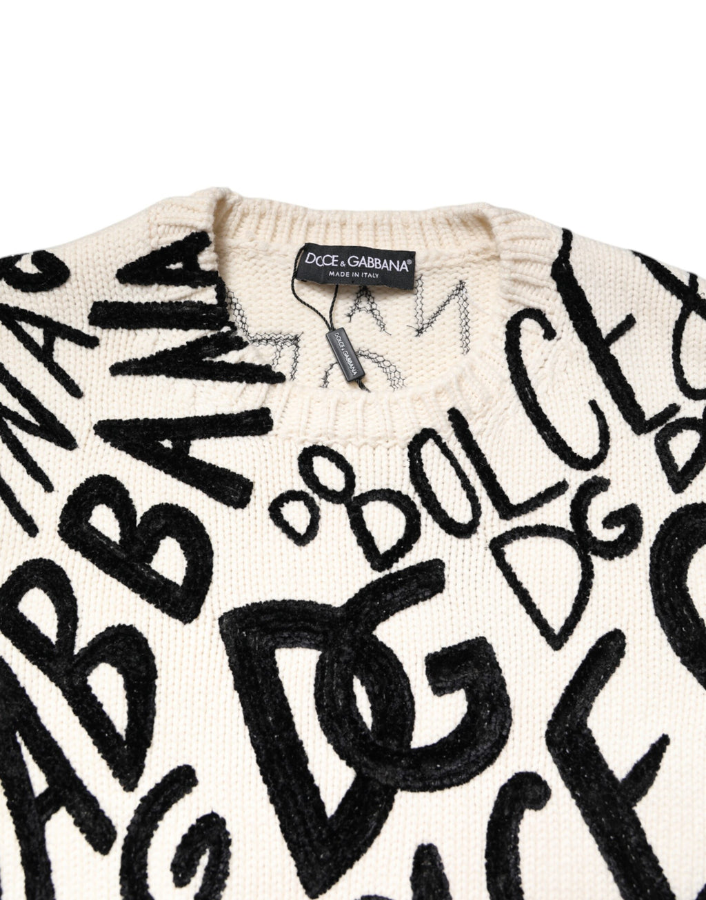 Pull à logo Dolce & Gabbana blanc et noir pour femmes, pull-over en coton avec motif logo sur le devant.