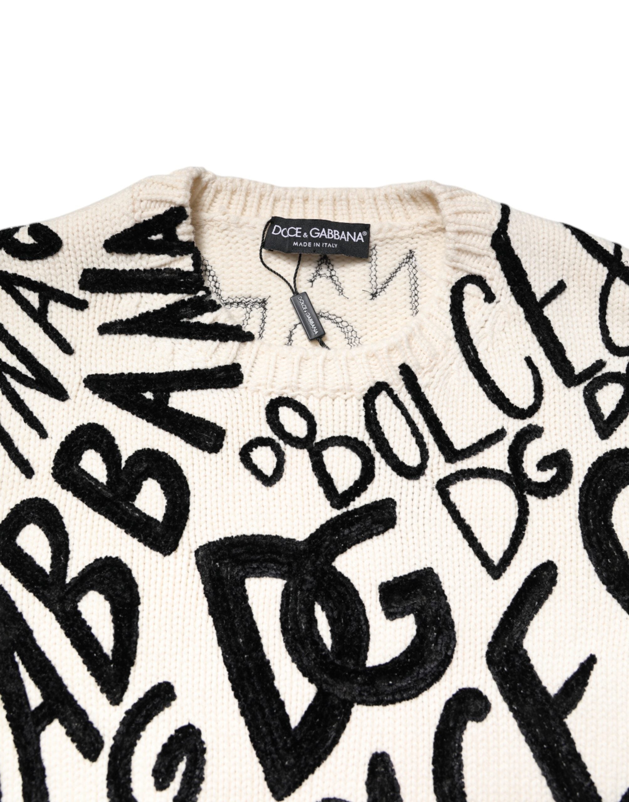 Pull à logo Dolce & Gabbana blanc et noir pour femmes, pull-over en coton avec motif logo sur le devant.
