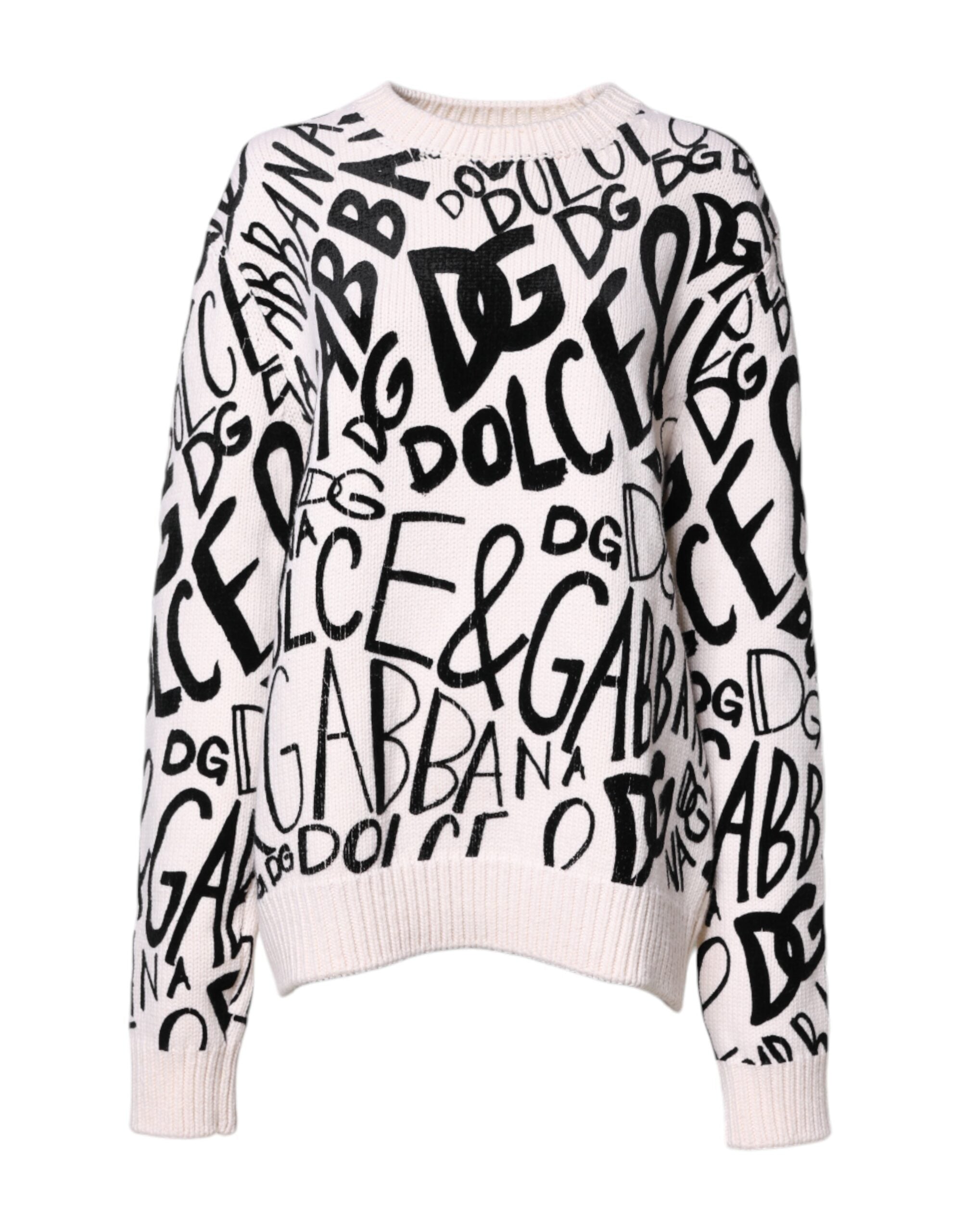 Pull à femme Dolce & Gabbana blanc et noir avec logo imprimé, sweat-shirt en coton confortable et tendance.