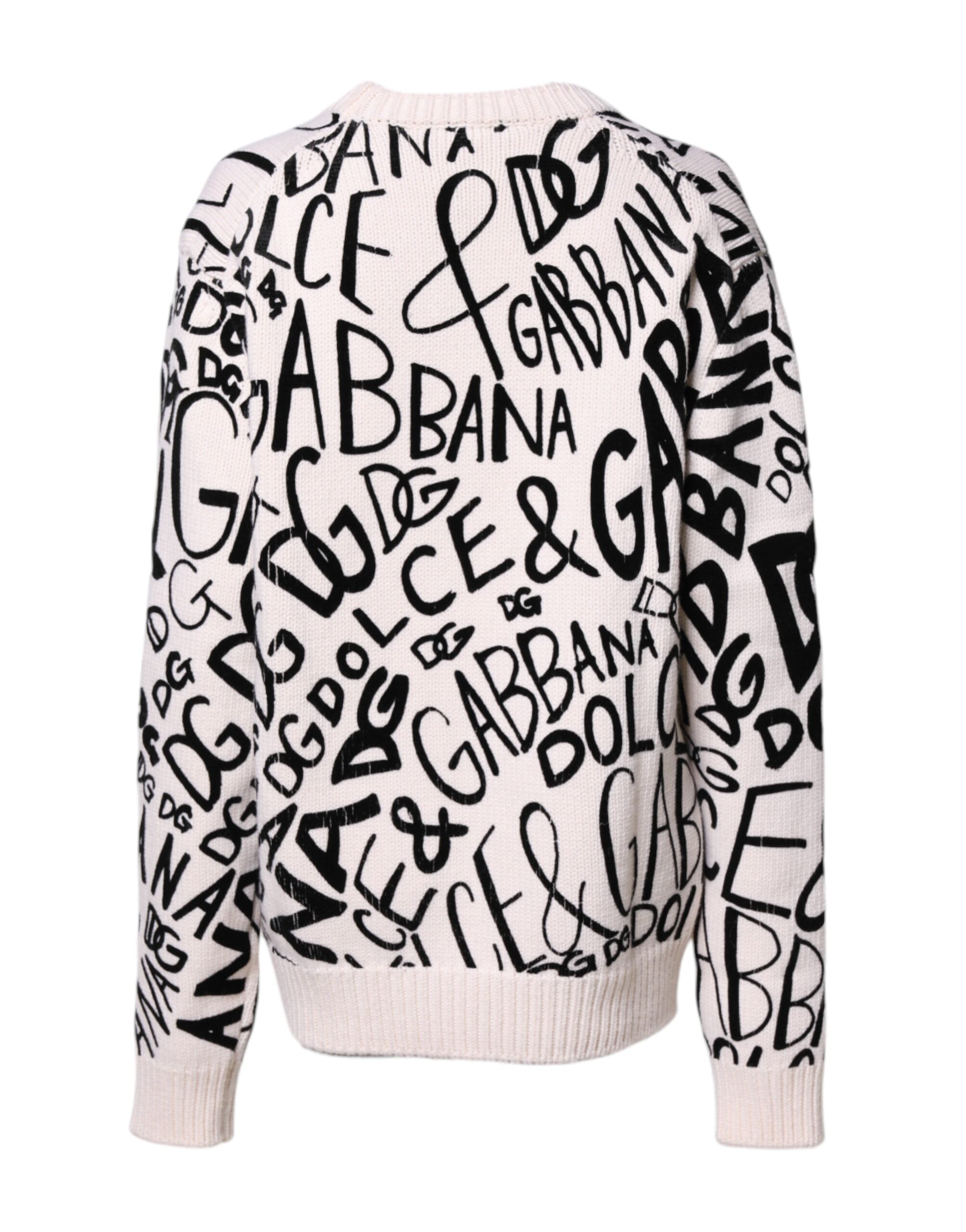 Pull-over Dolce & Gabbana pour femmes blanc et noir avec logo imprimé, pull à manches longues et style décontracté.