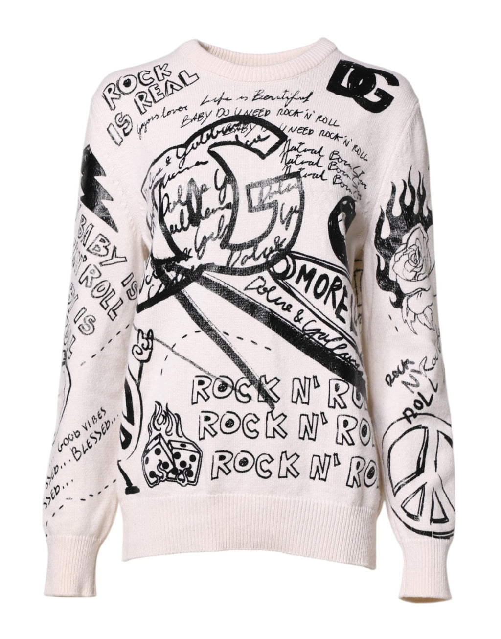 Sweat-shirt femme Dolce & Gabbana blanc et noir avec logo imprimé, pull à manches longues et col rond.
