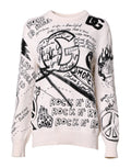 Sweat-shirt femme Dolce & Gabbana blanc et noir avec logo imprimé, pull à manches longues et col rond.