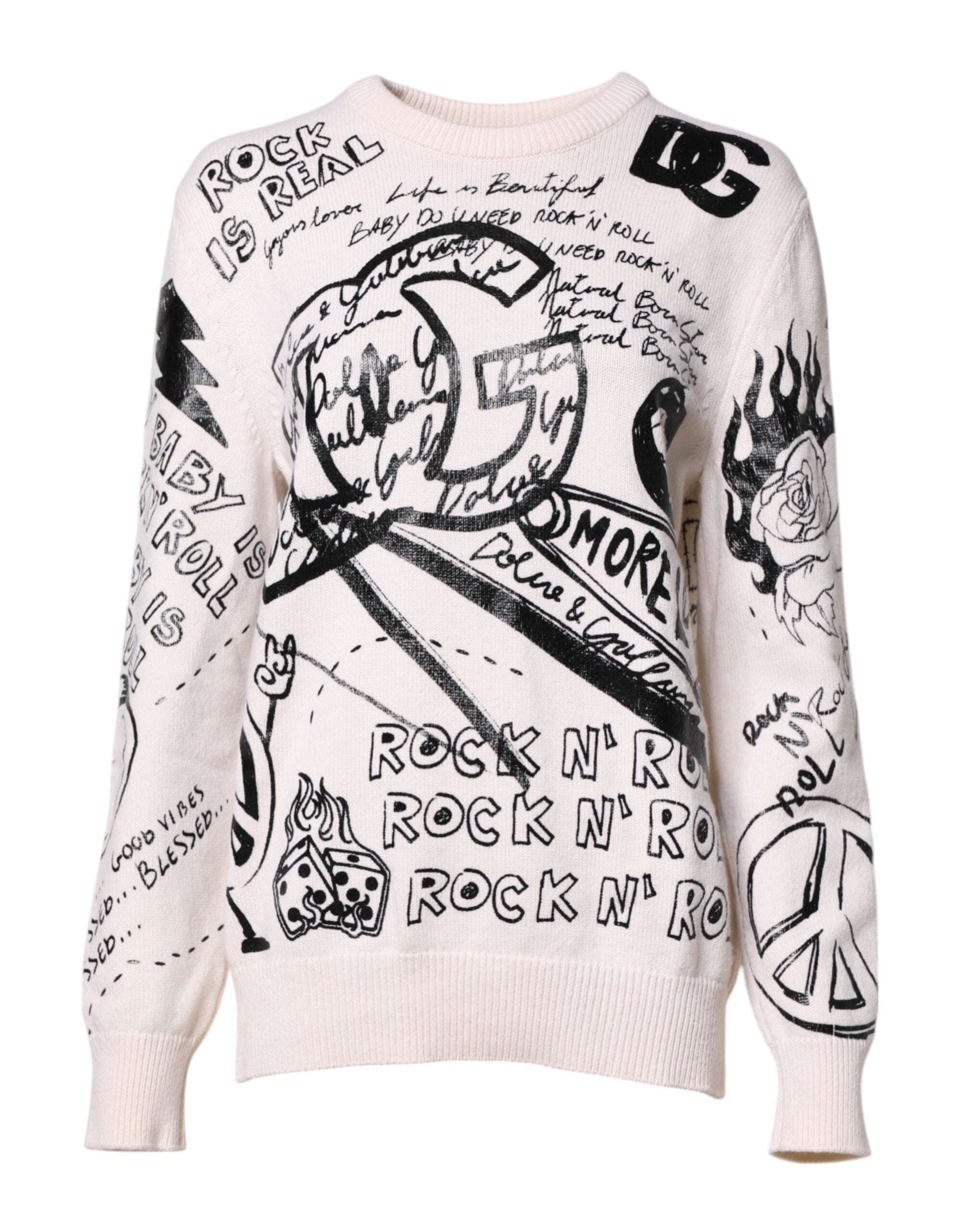 Pull à manches longues Dolce & Gabbana blanc et noir avec logo imprimé, pour femme, vue de face.