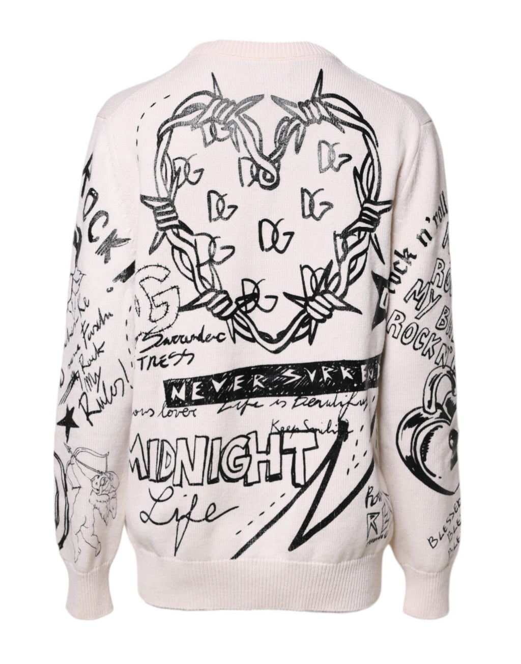 Pull ras du cou femme Dolce & Gabbana blanc et noir avec logo imprimé, sweater élégant en coton.
