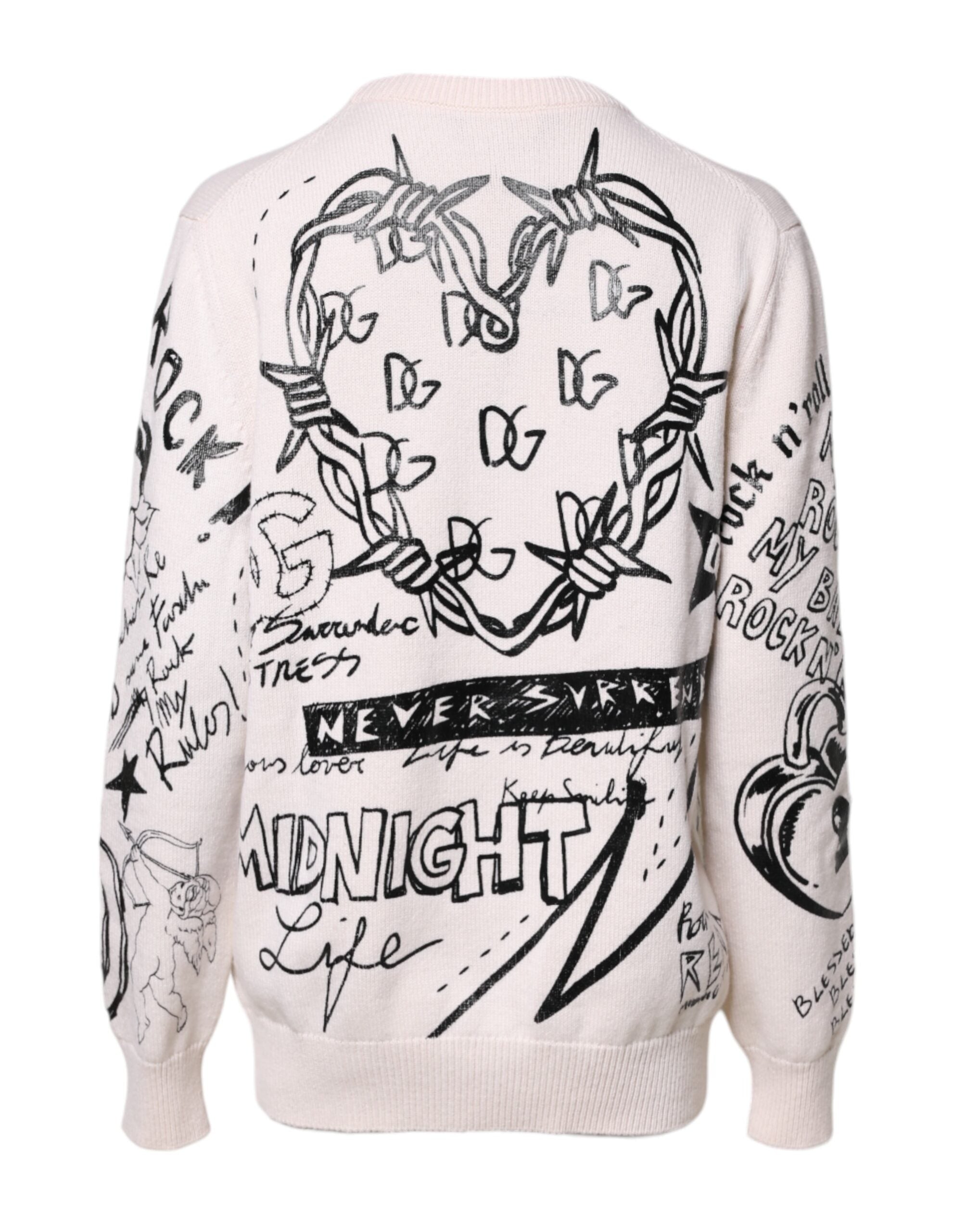 Pull ras du cou femme Dolce & Gabbana blanc et noir avec logo imprimé, sweater élégant en coton.