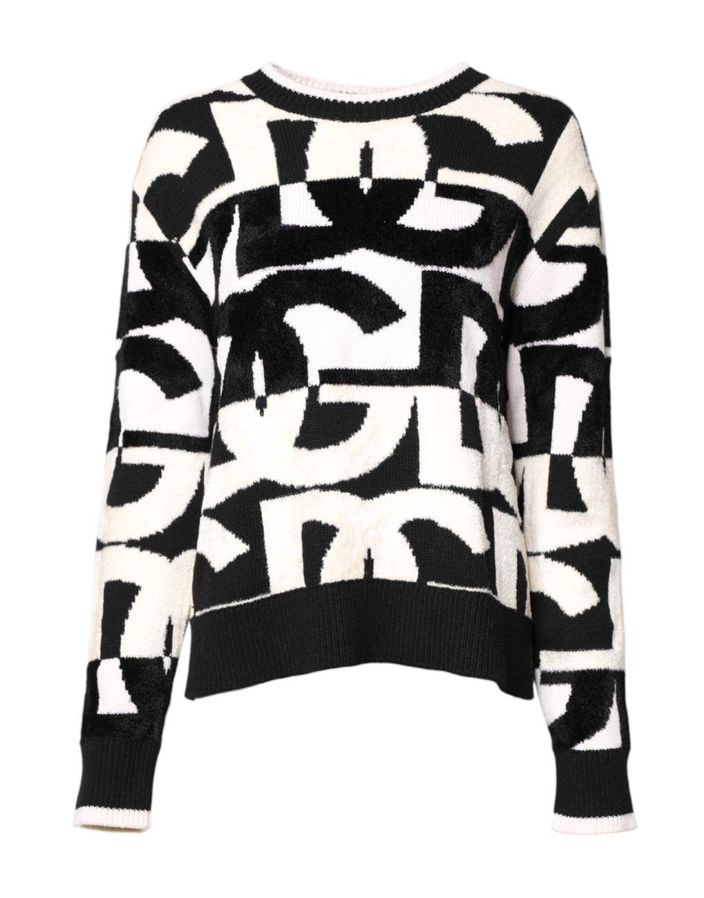 Pull à logo Dolce & Gabbana blanc et noir pour femmes, sweat-shirt en coton avec imprimé logo visiblement affiché.
