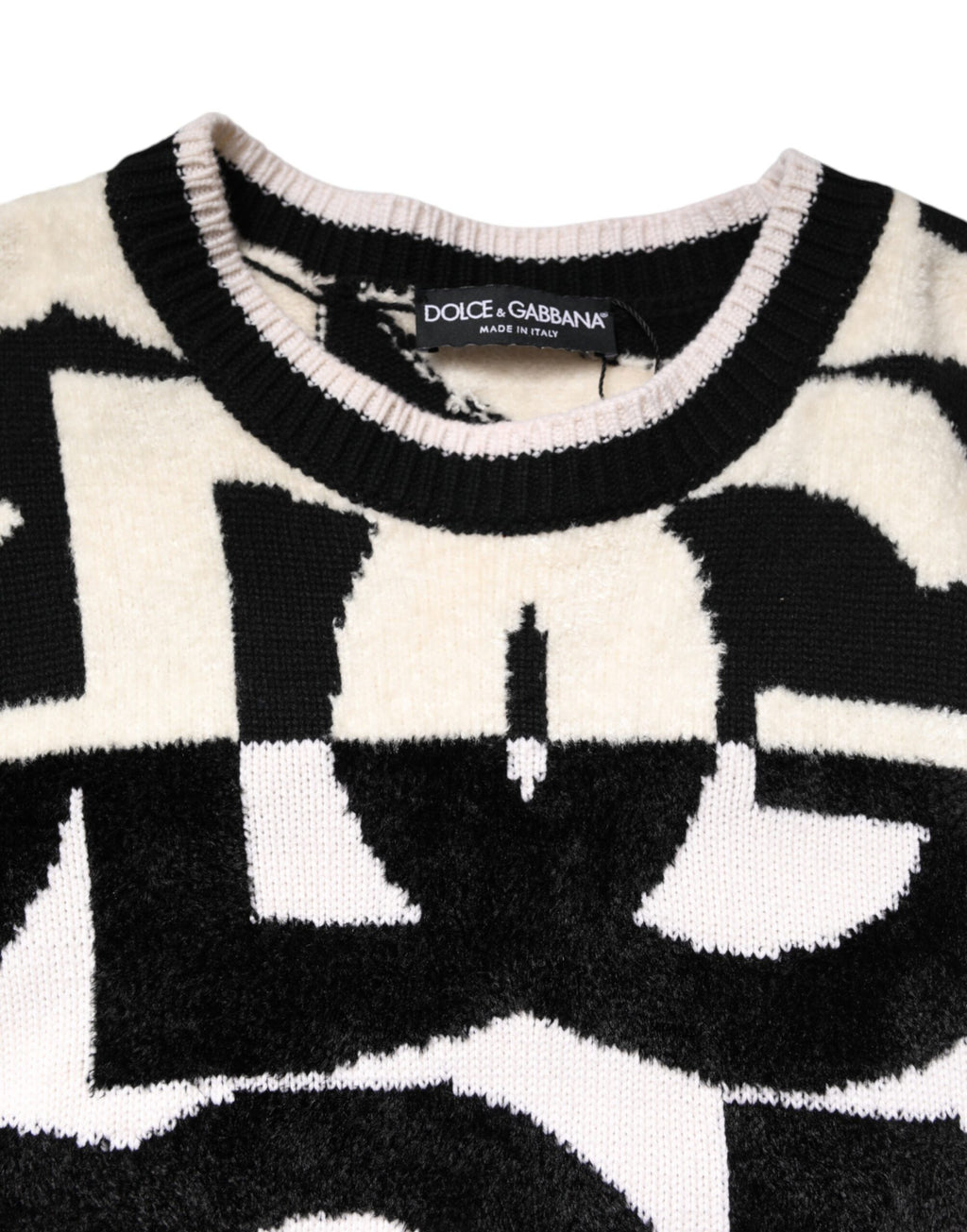 Pull à manches longues pour femmes Dolce & Gabbana avec logo imprimé en blanc et noir, sweater élégant et confortable.