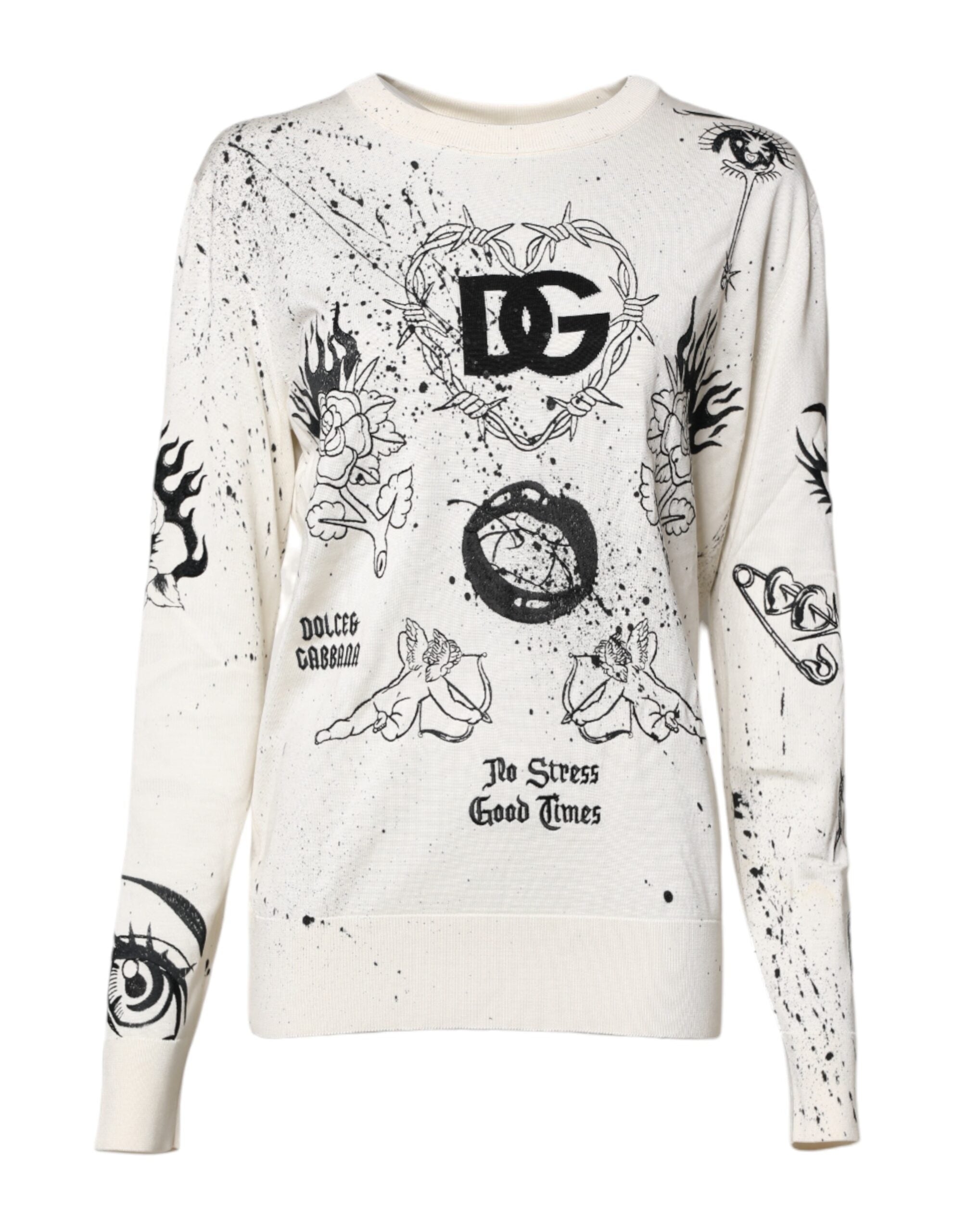 Pull à manches longues Dolce & Gabbana blanc avec logo et motif d'ange, style décontracté pour femmes.