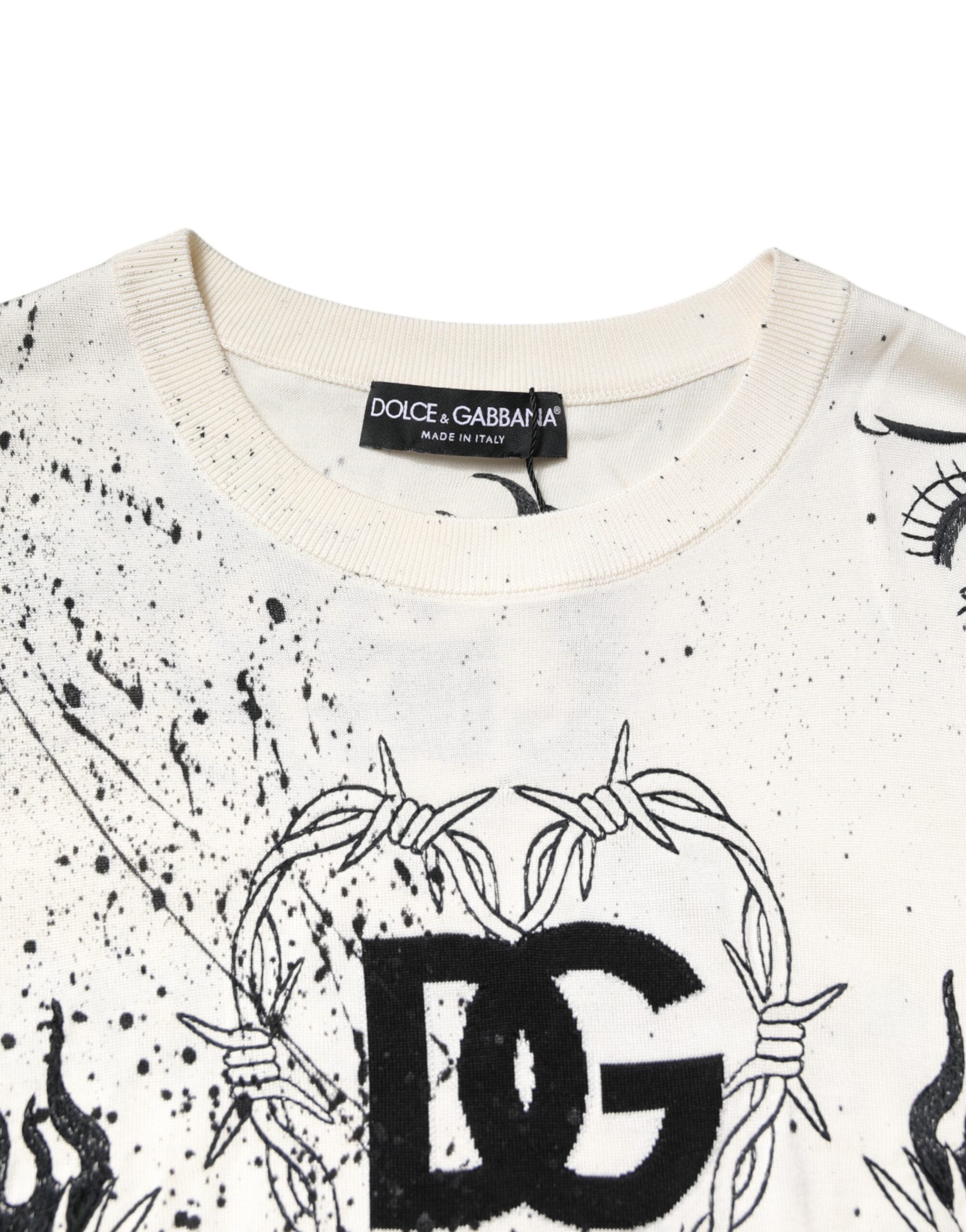 Pull à manches longues Dolce & Gabbana blanc avec logo et imprimé ange pour femmes, style décontracté et élégant.