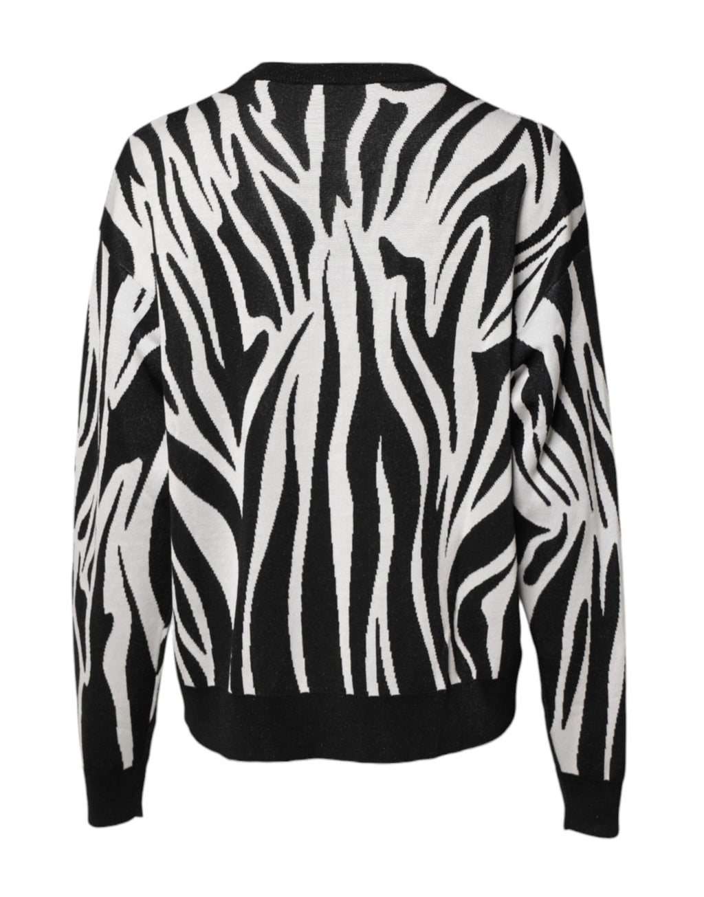 Pull-over femme Dolce & Gabbana noir et blanc à motif, pull en laine avec design élégant et moderne visible sur l'image.