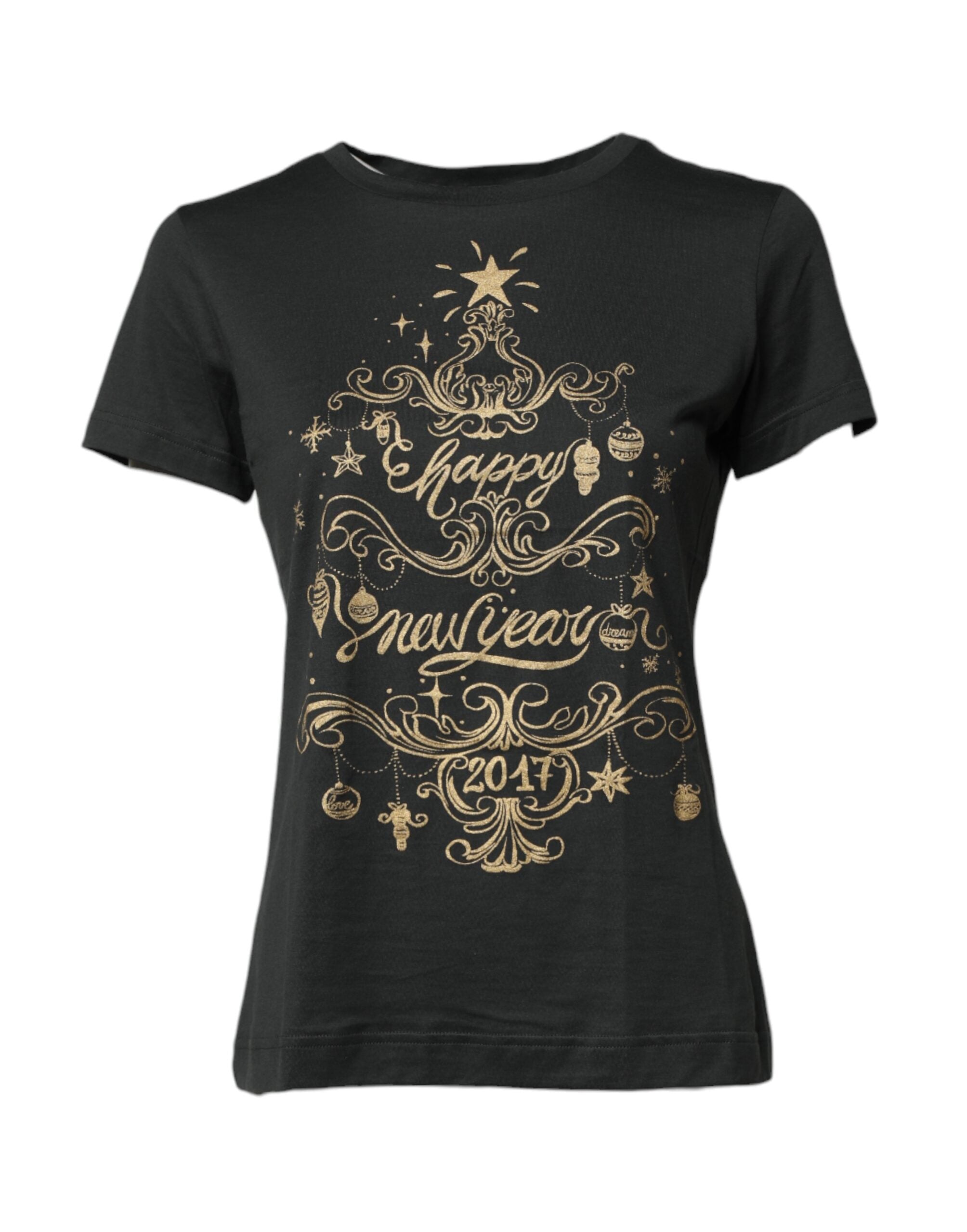 T-shirt noir en coton Dolce & Gabbana à col rond et manches courtes, illustration simple visible sur le devant.