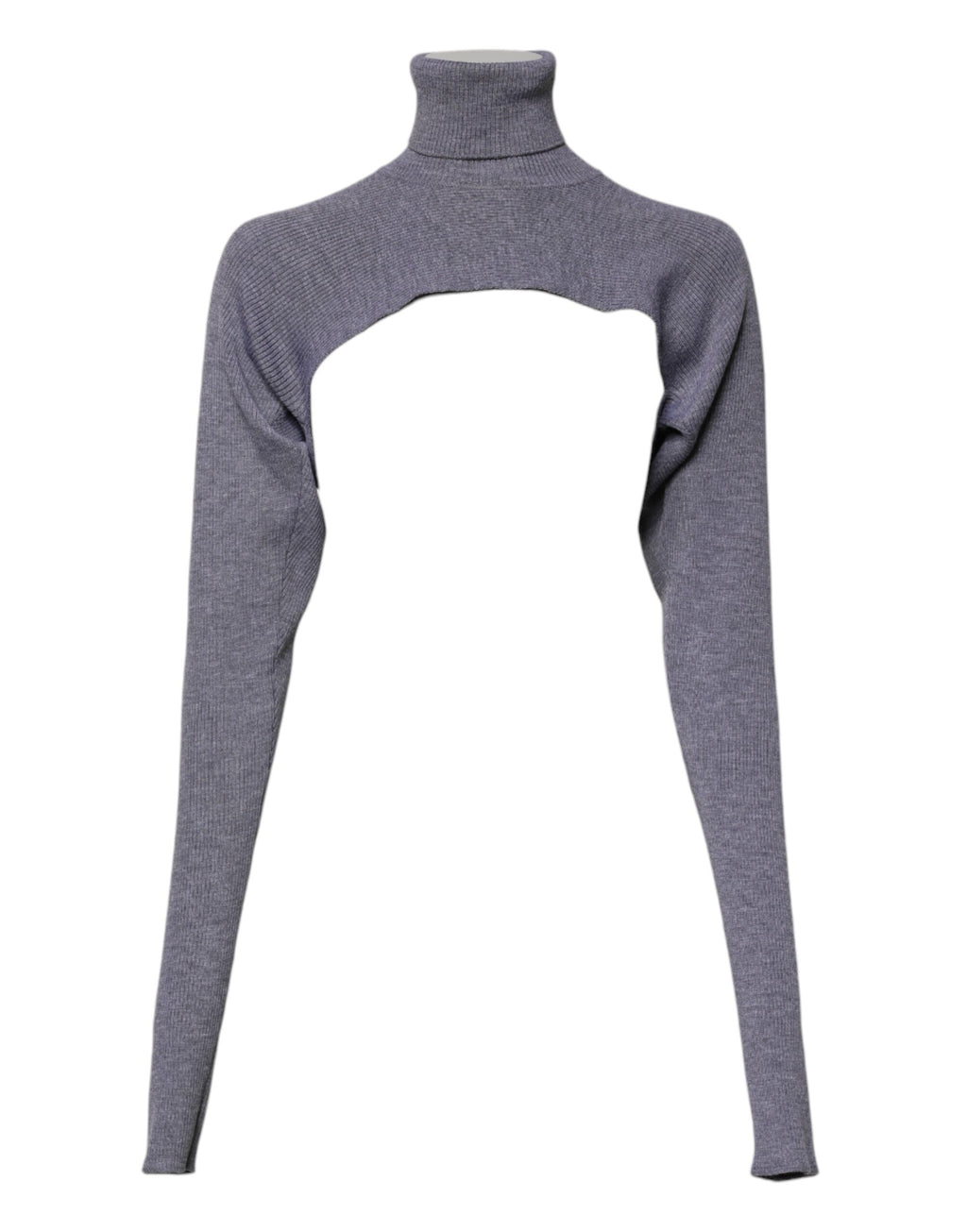 Pull en laine gris Dolce & Gabbana, col roulé cropped, à manches longues, porté sur un fond neutre.
