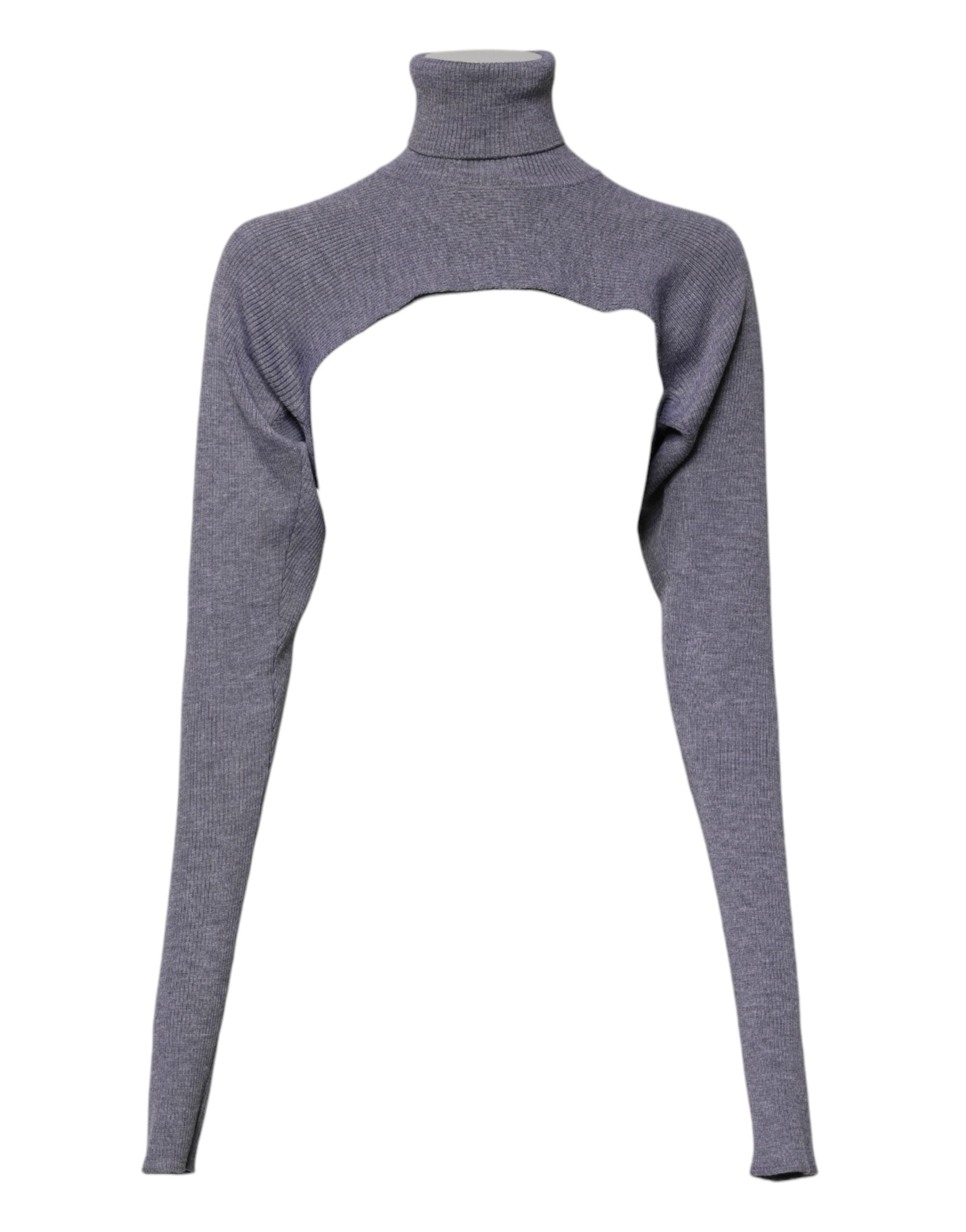 Pull en laine gris Dolce & Gabbana, col roulé cropped, à manches longues, porté sur un fond neutre.